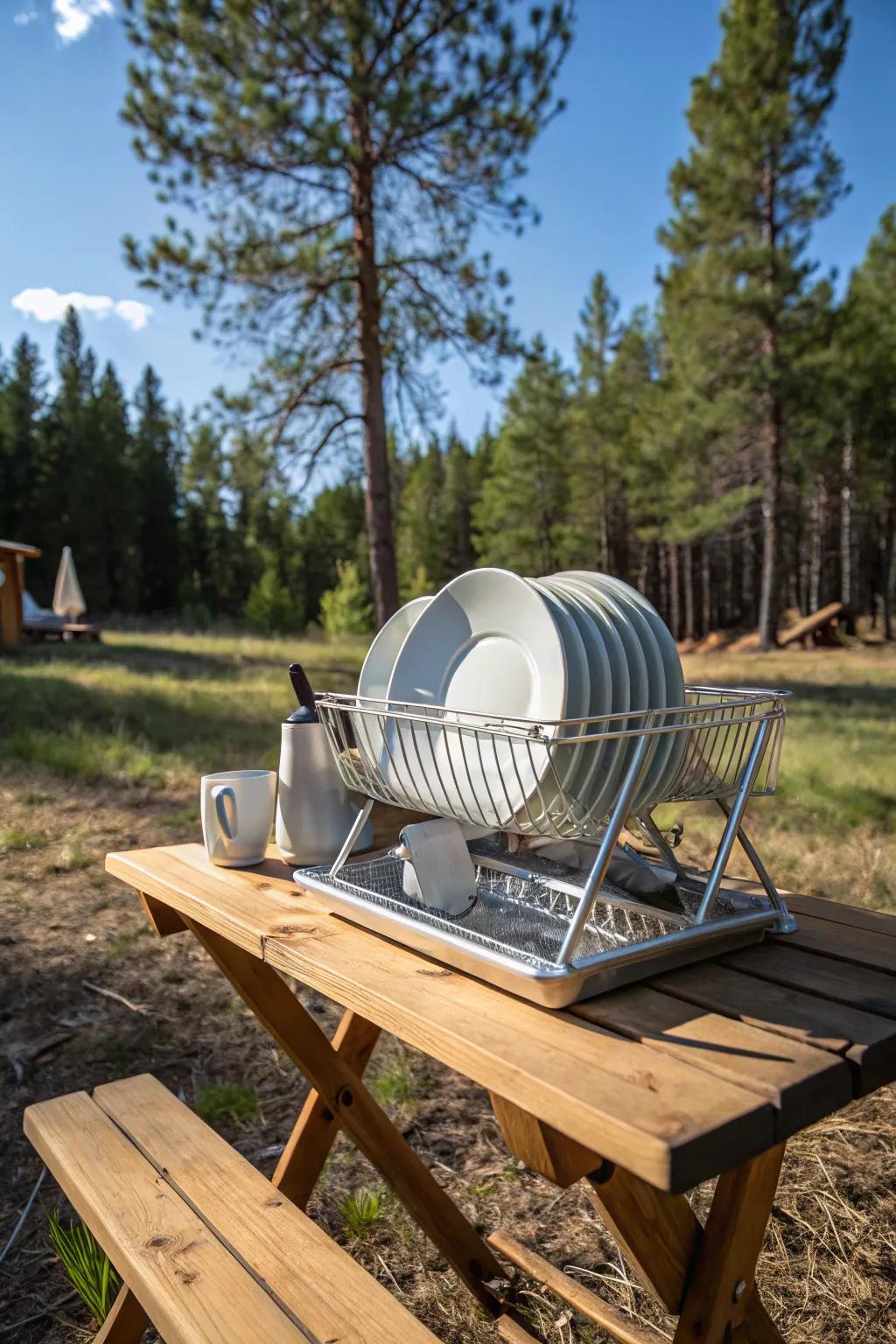 Efficiently dry your dishes with a foldable rack.