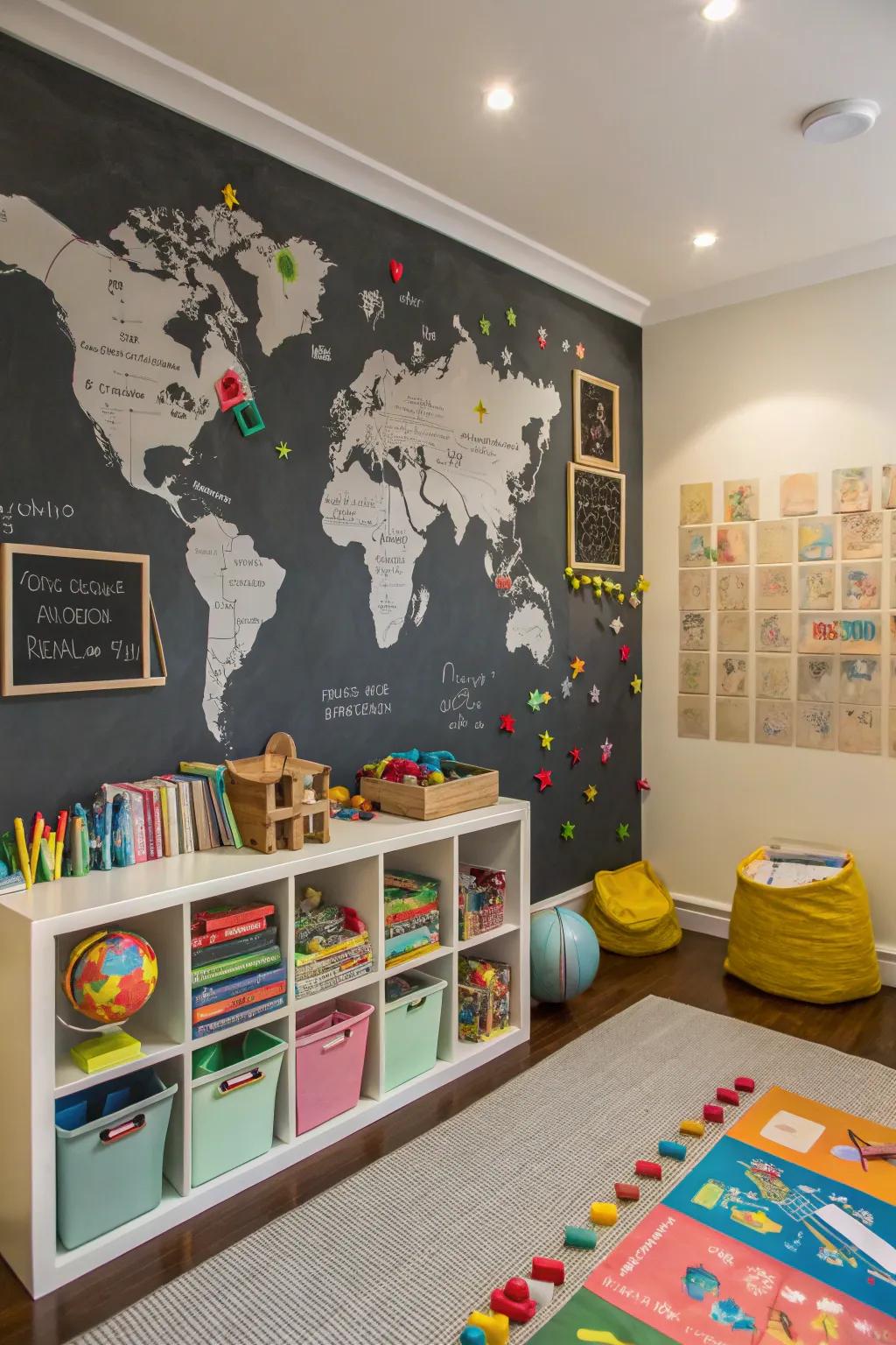 A chalkboard map ignites curiosity about the world.