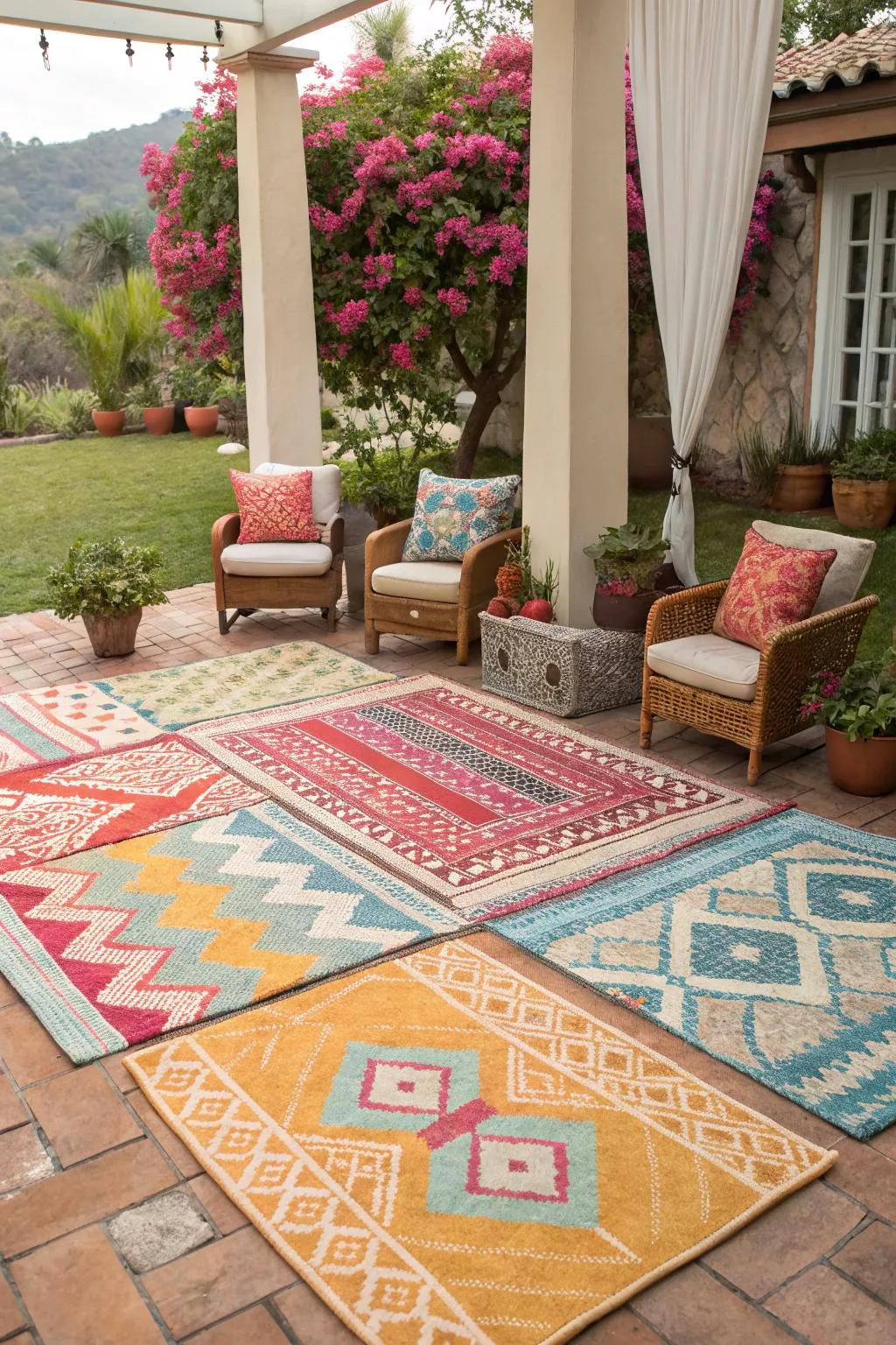 Outdoor rugs add warmth and style to patio areas.