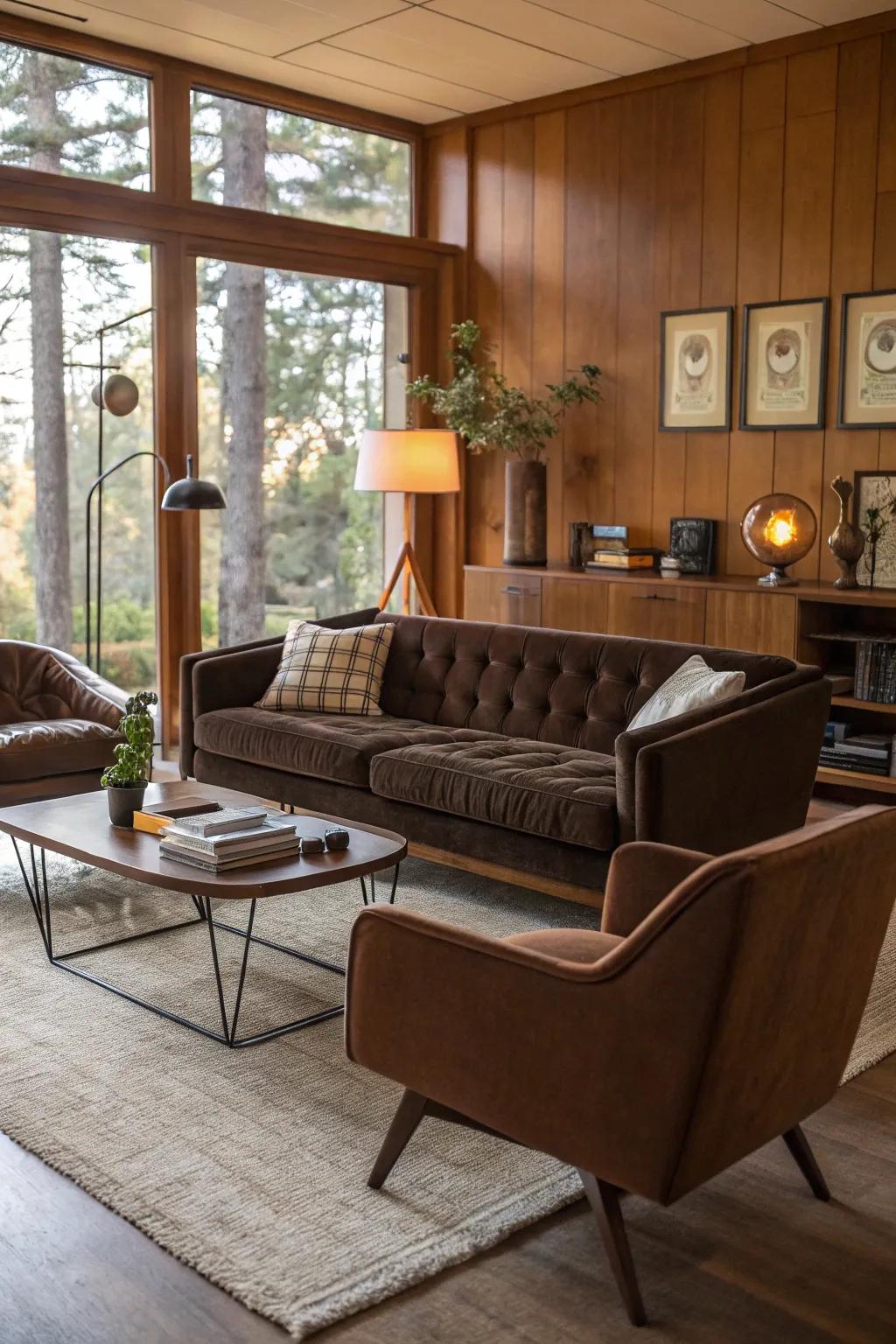 Mid-century modern charm enhances the timeless appeal of a chocolate couch.