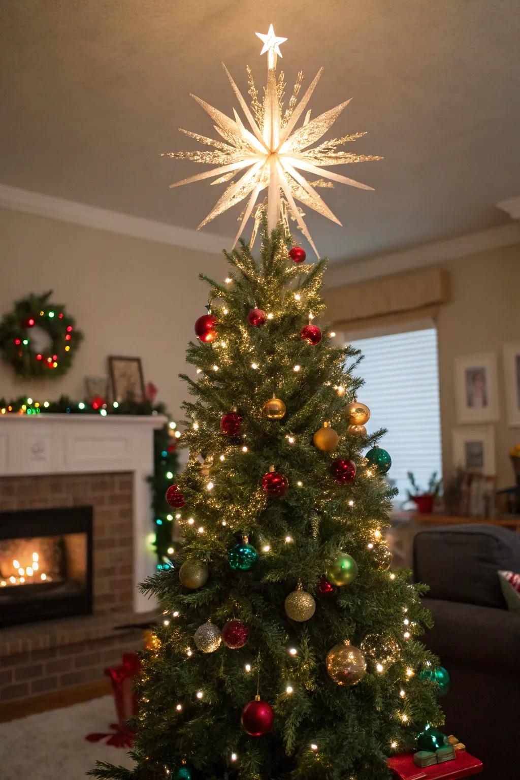 A distinctive illuminated starburst topper crafting a spectacular tree focal point.