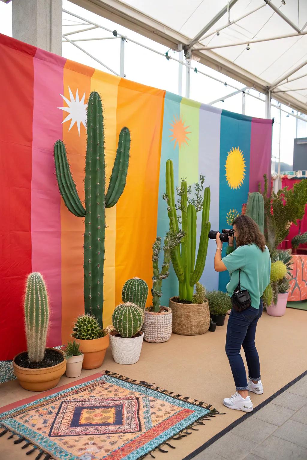 A themed backdrop with cacti and vibrant colors for stunning party photos.