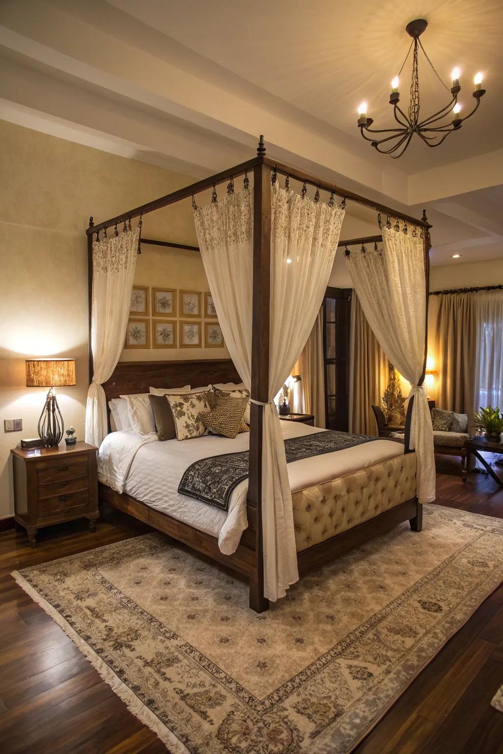 Unique decor elements, such as a canopy bed, redefining the style of this bedroom.