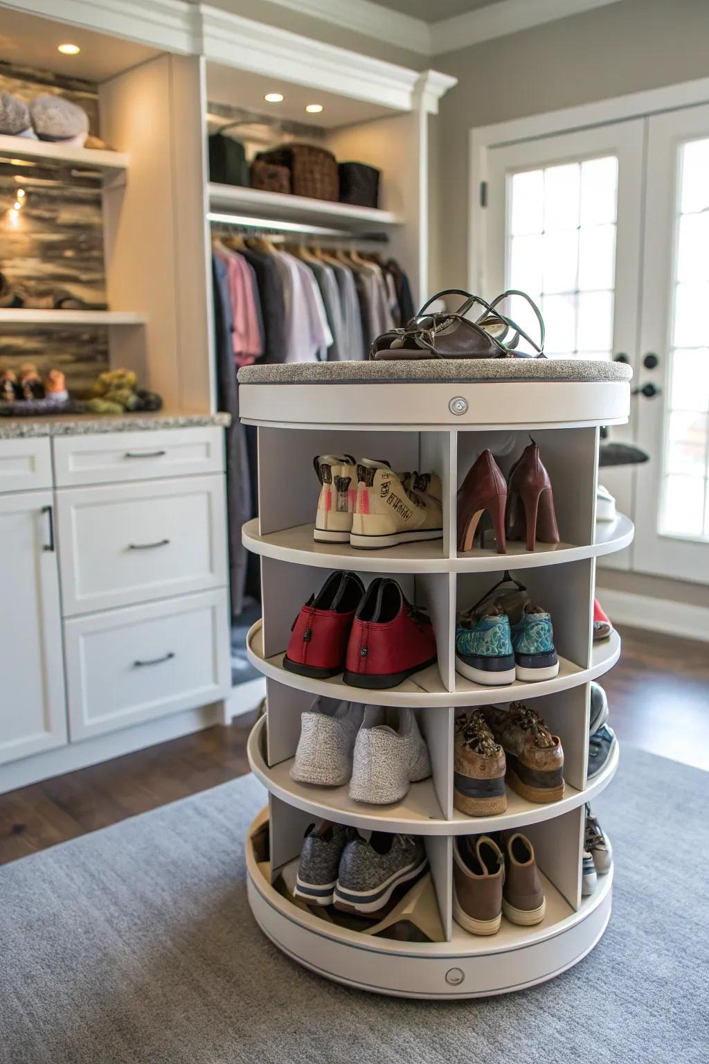 Display your shoes stylishly with a rotating carousel.