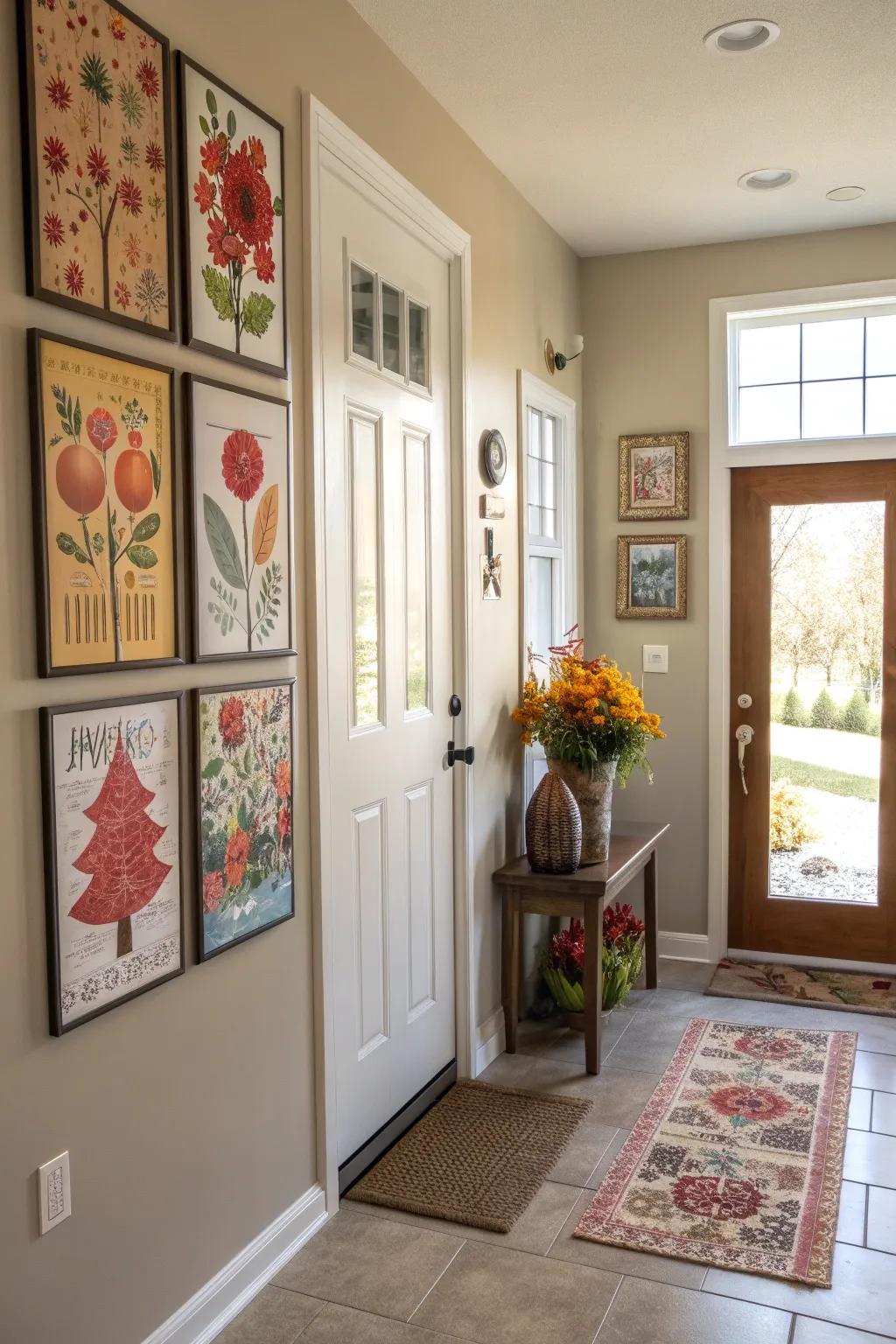 Seasonal-themed posters keeping decor fresh in an entryway.