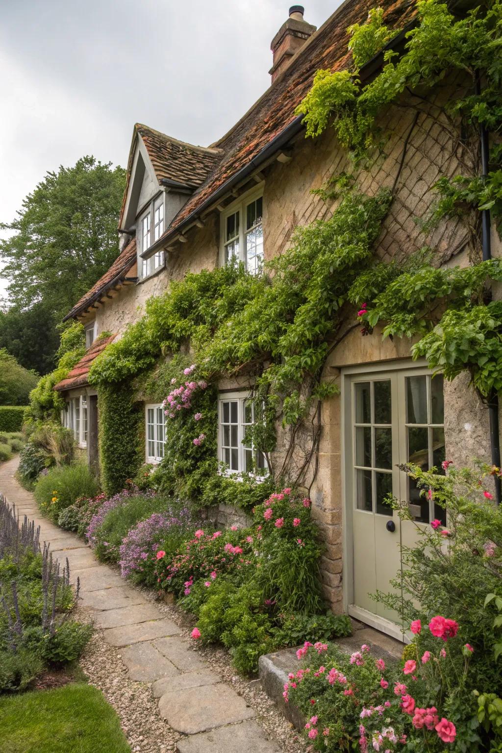 Climbing vines add a touch of enchantment to a cottage exterior.