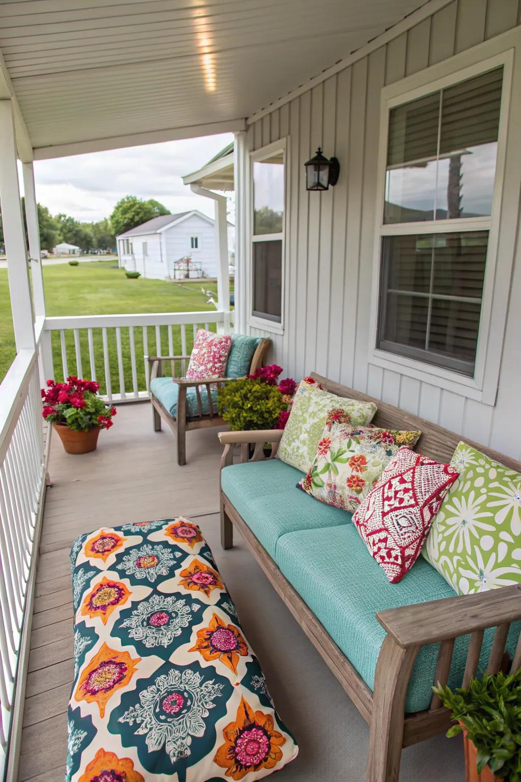 Weather-resistant fabrics keep your porch furnishings looking fresh and vibrant.