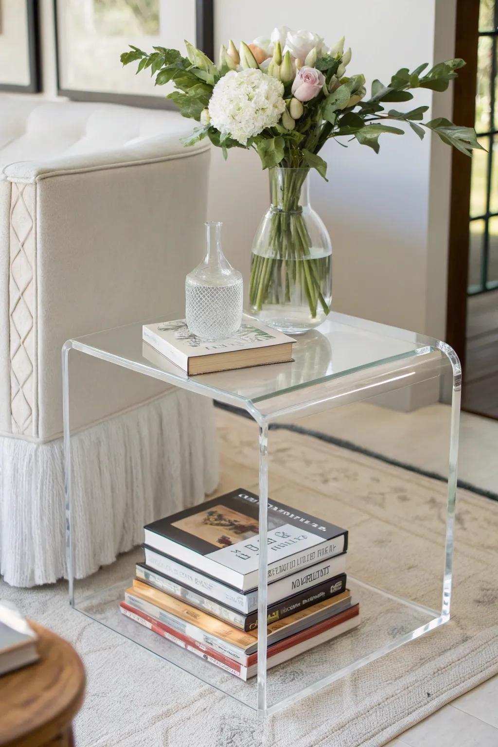 Transparent furniture pieces offer stylish and subtle book storage.