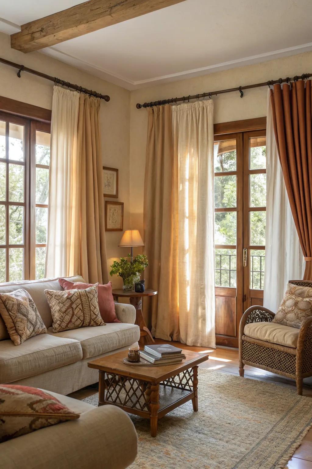 Earthy tones in curtains create a warm and inviting atmosphere.