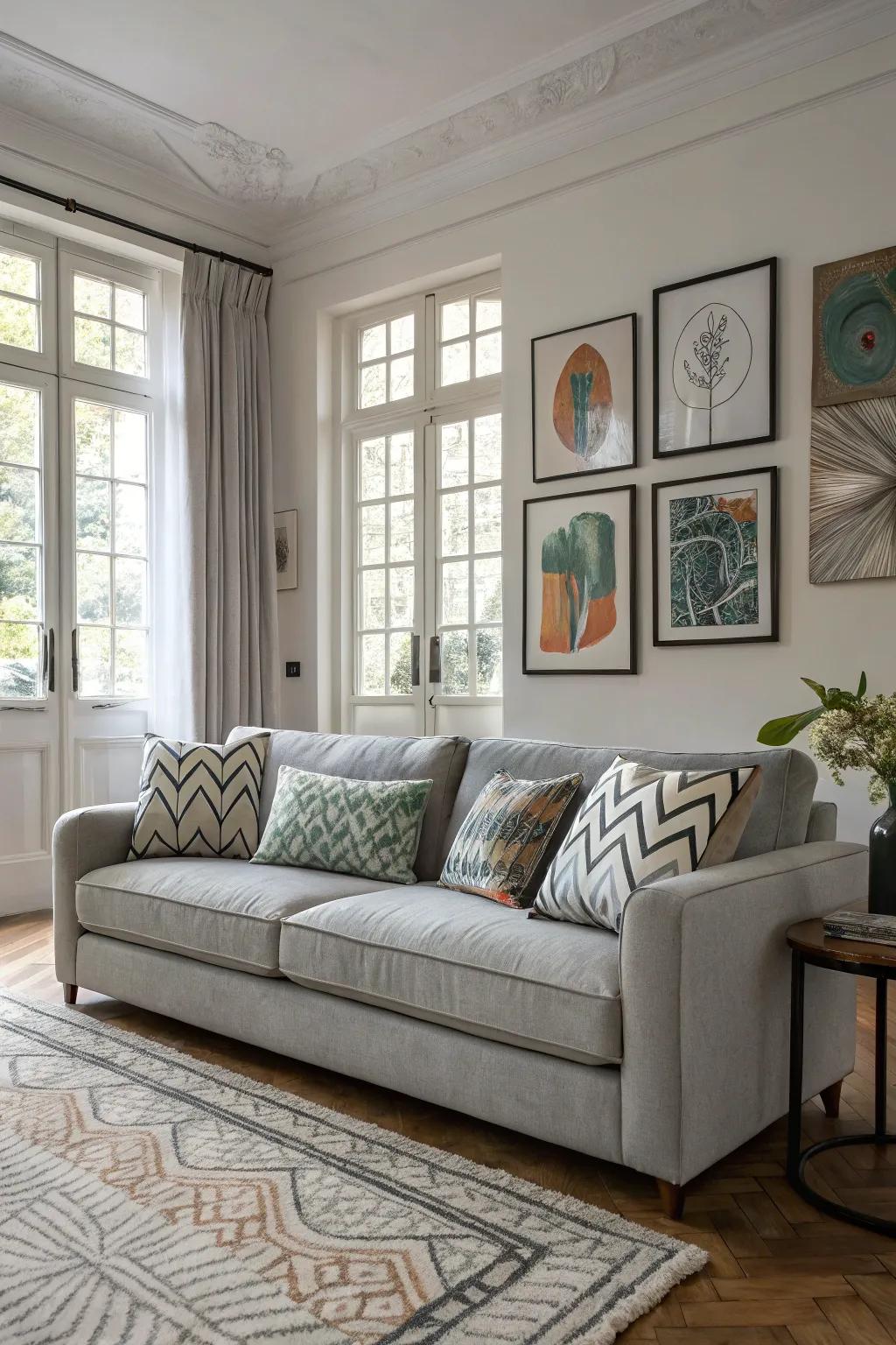 Abstract designs add a creative flair to a grey sofa.