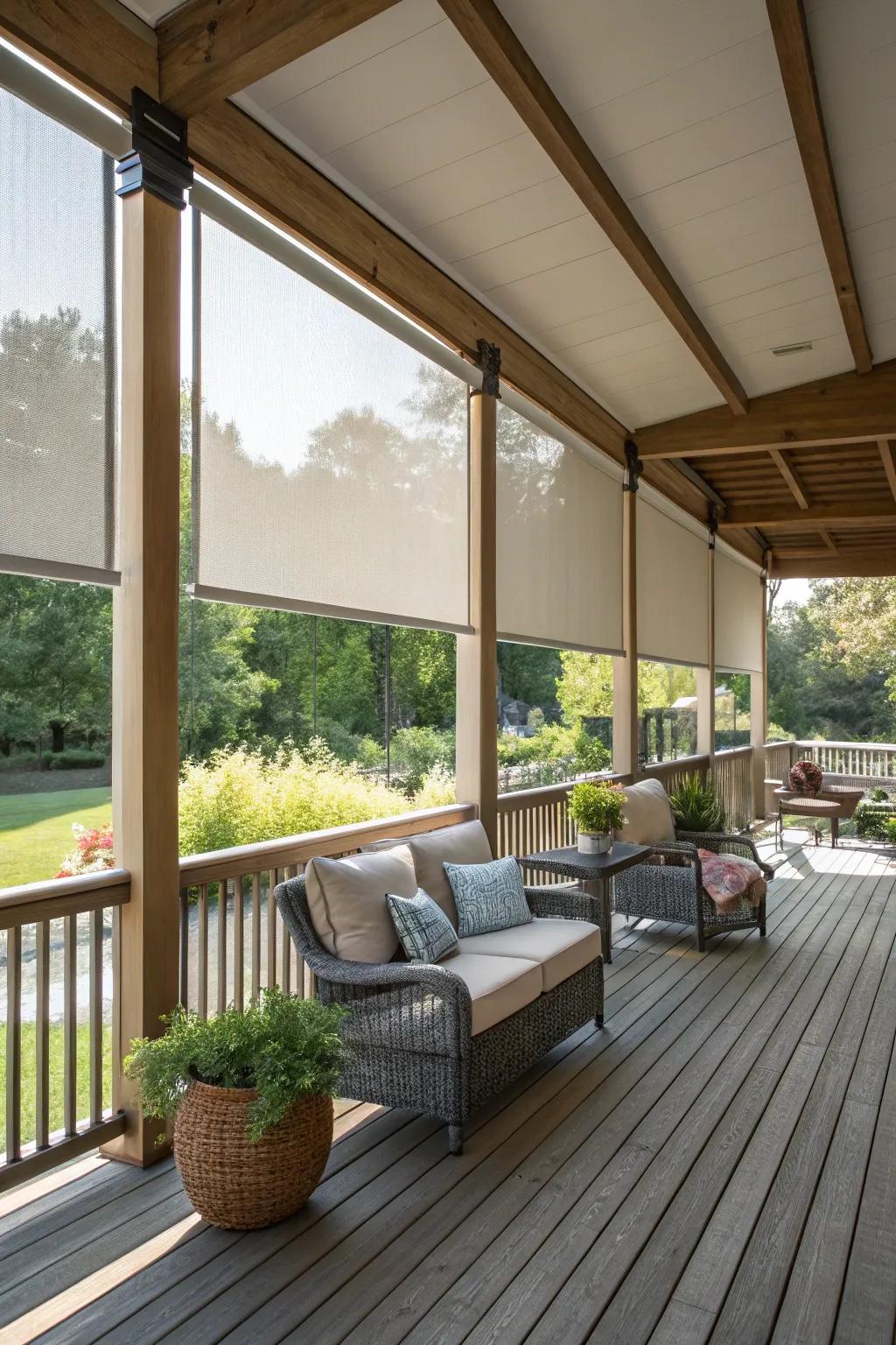 Roller shades offer sleek and modern sun control for decks.