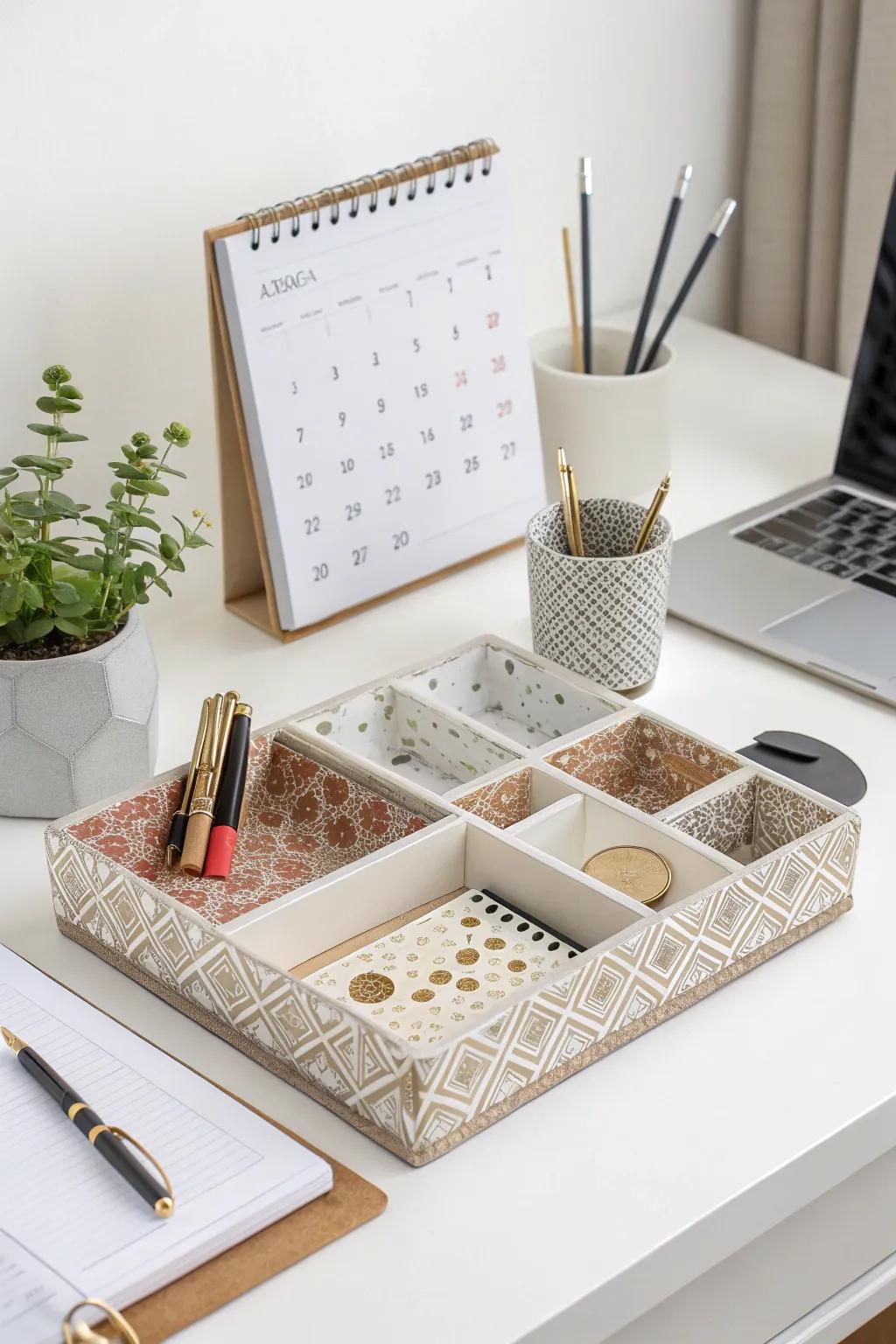 Decorative trays for a stylishly organized desk.