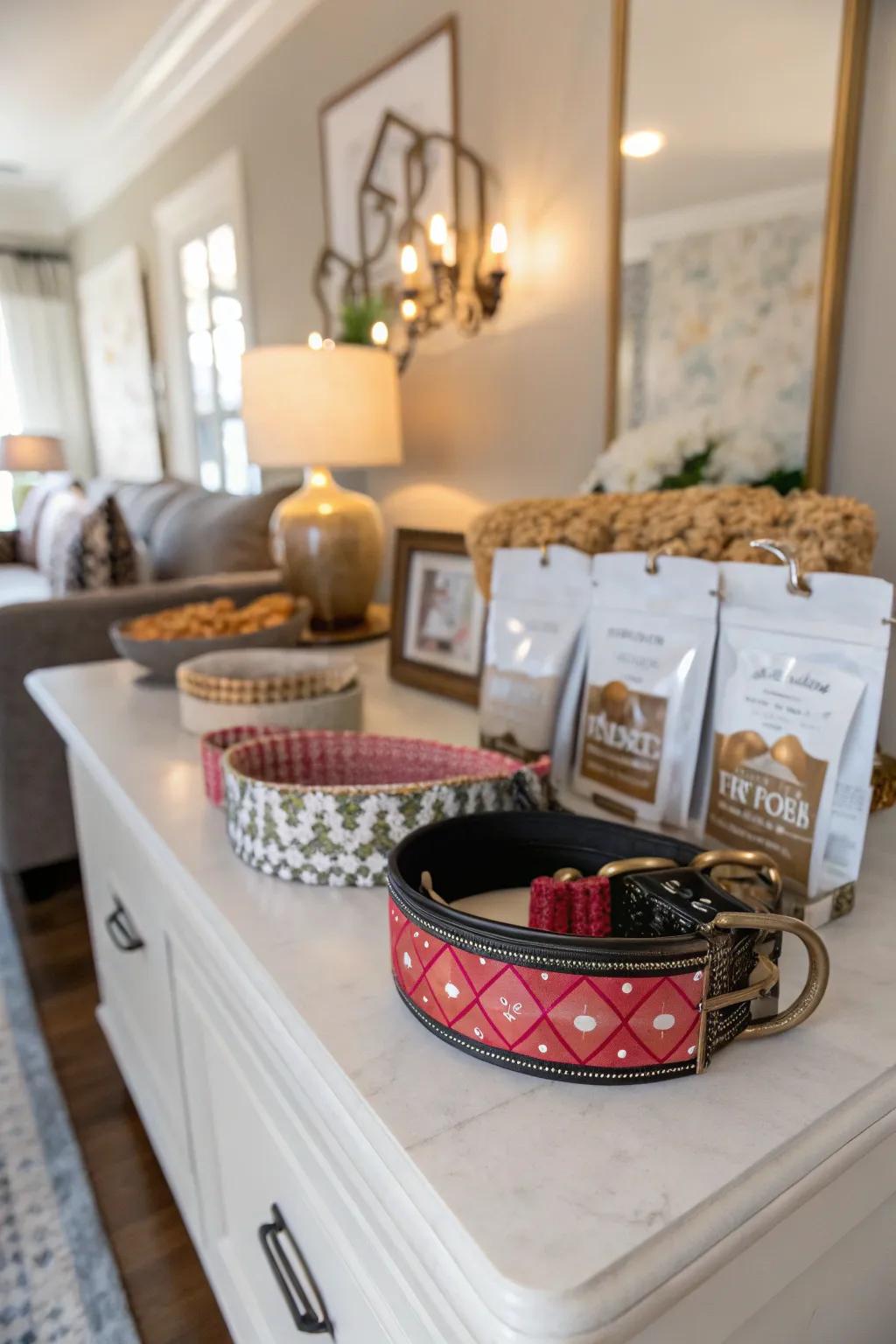 Custom collars and snacks for a fashionable flair.