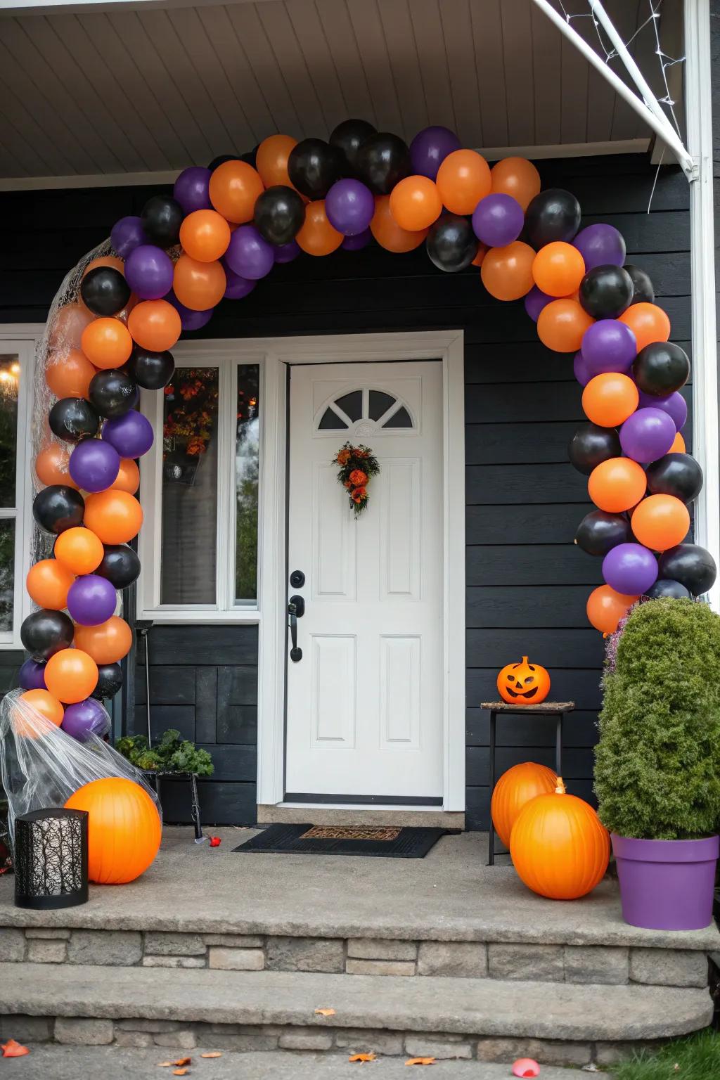 A colorful balloon arch welcomes visitors with Halloween cheer.