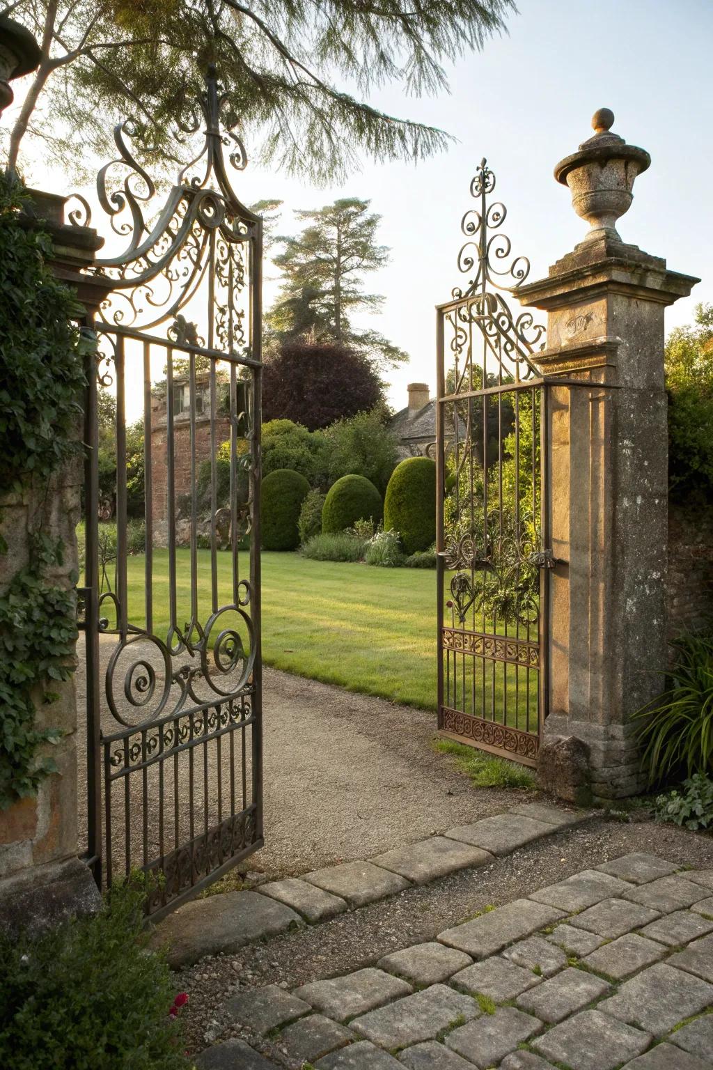 A vintage metal rod gate exuding timeless charm and elegance.