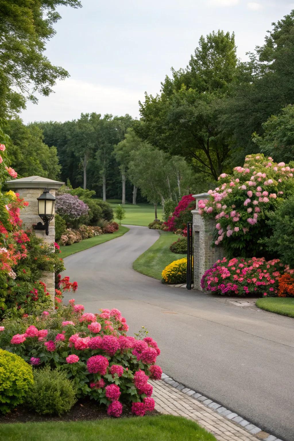 Vibrant flowers create a cheerful and inviting atmosphere at this entrance.