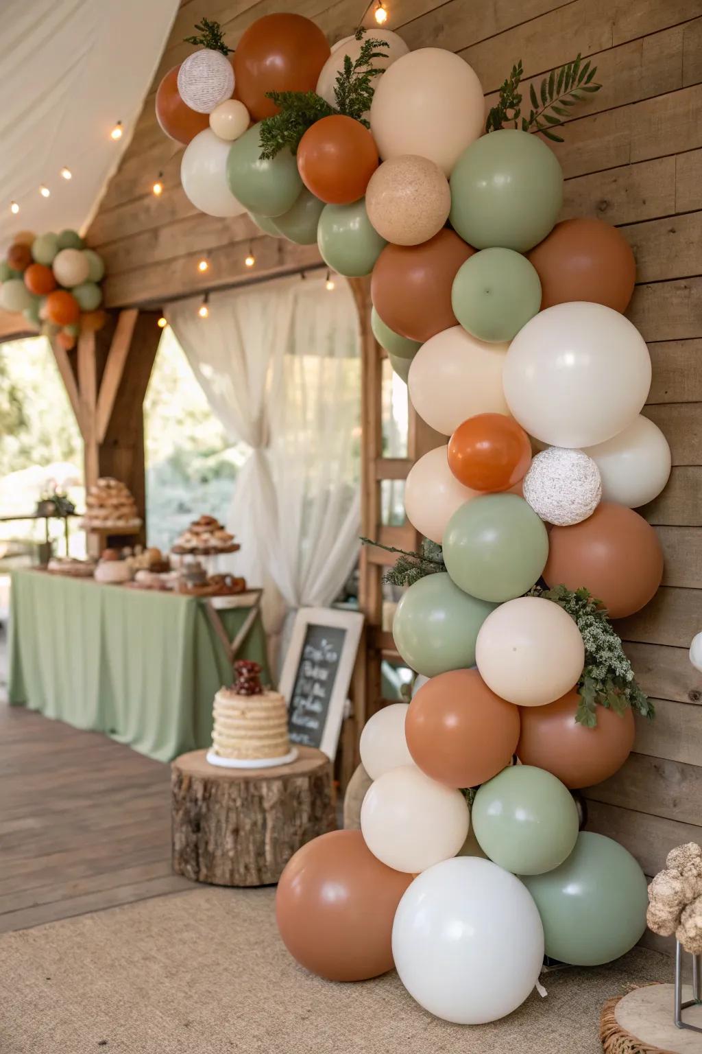 Earth tone balloons add a playful touch.