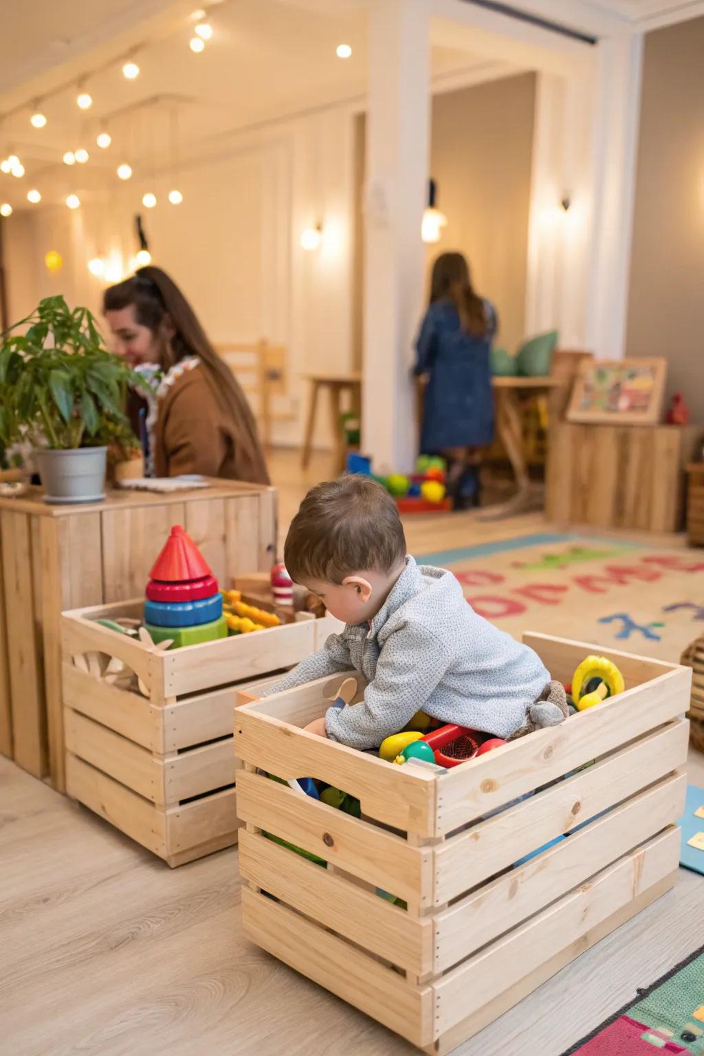 Make cleanup easy with a crate-organized play area.