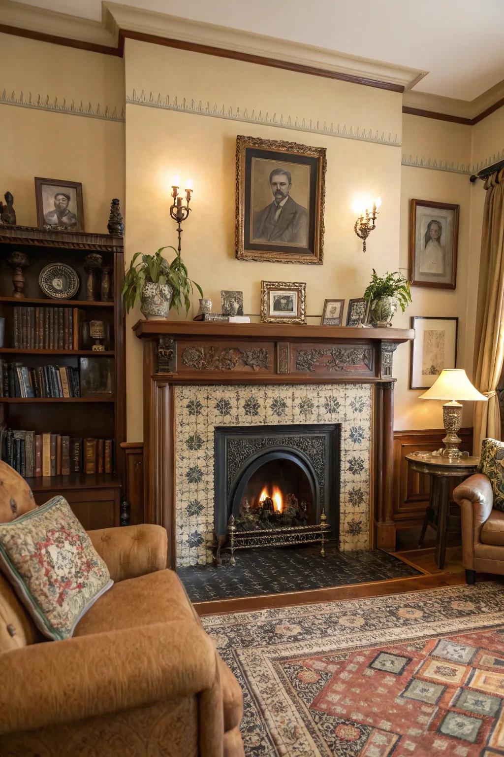 A vintage-inspired living room with an antique-style central fireplace.