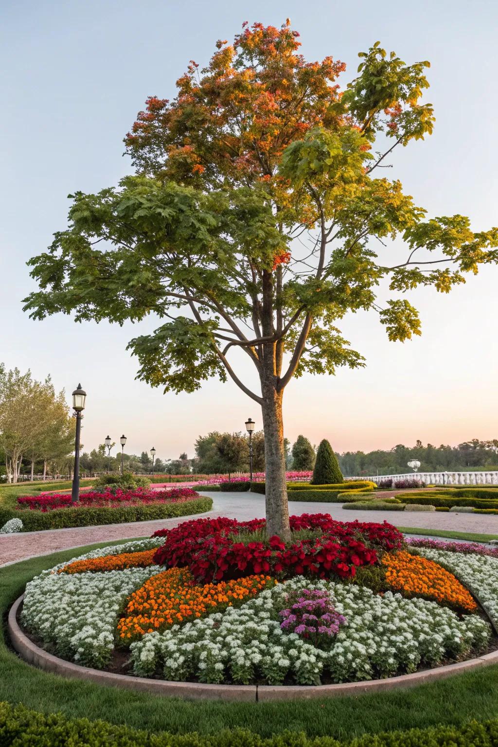 A themed flower bed creates a personalized oasis around this tree.