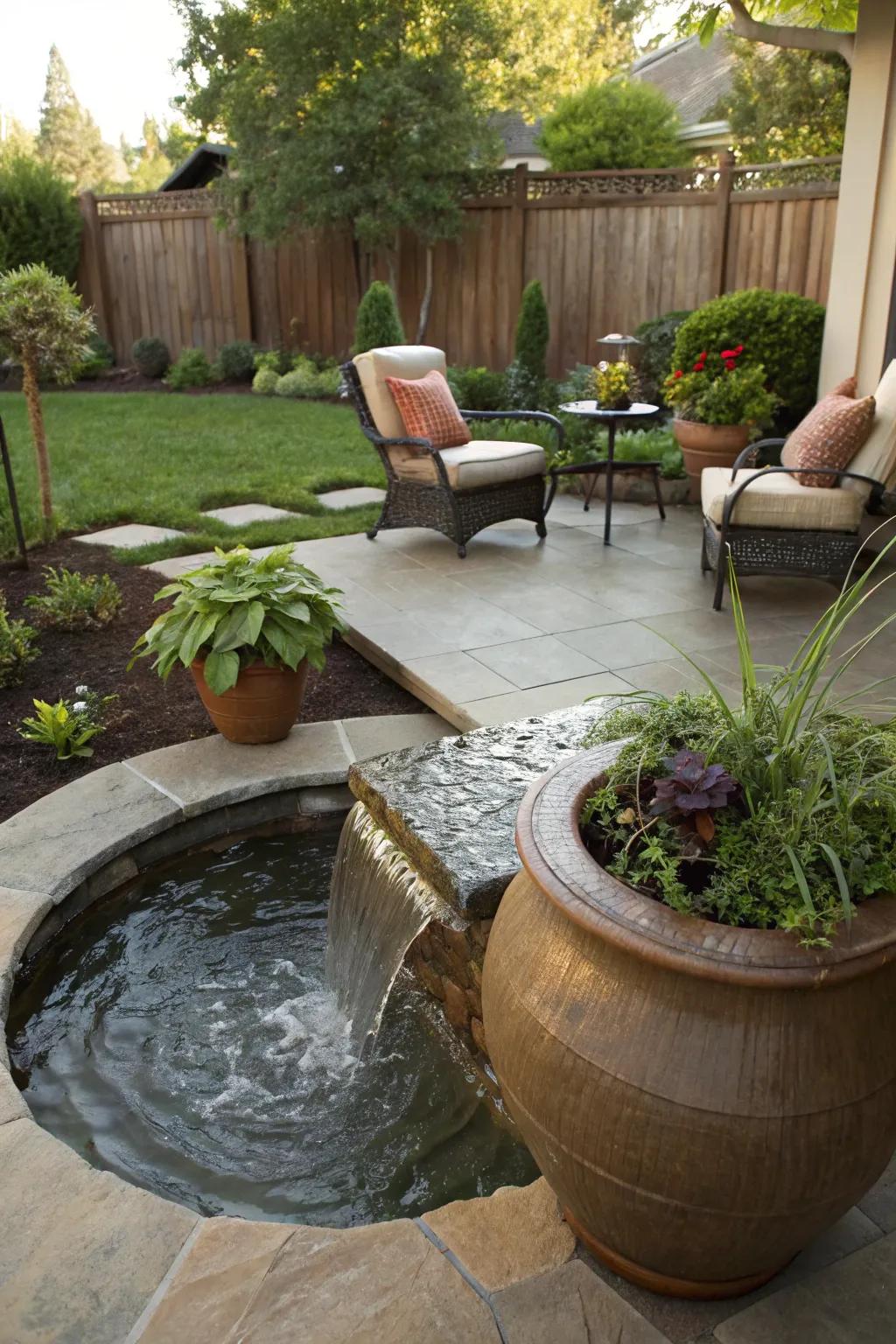 Water features add tranquility and elegance to patio designs.