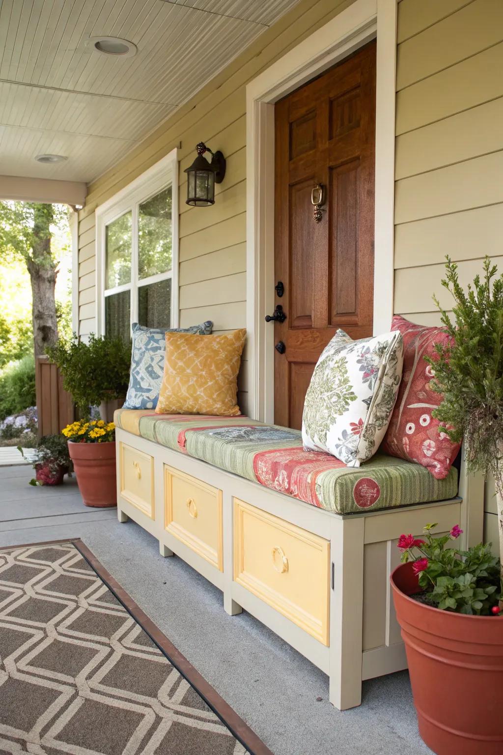 A storage bench with decorative cushions on a front porch.