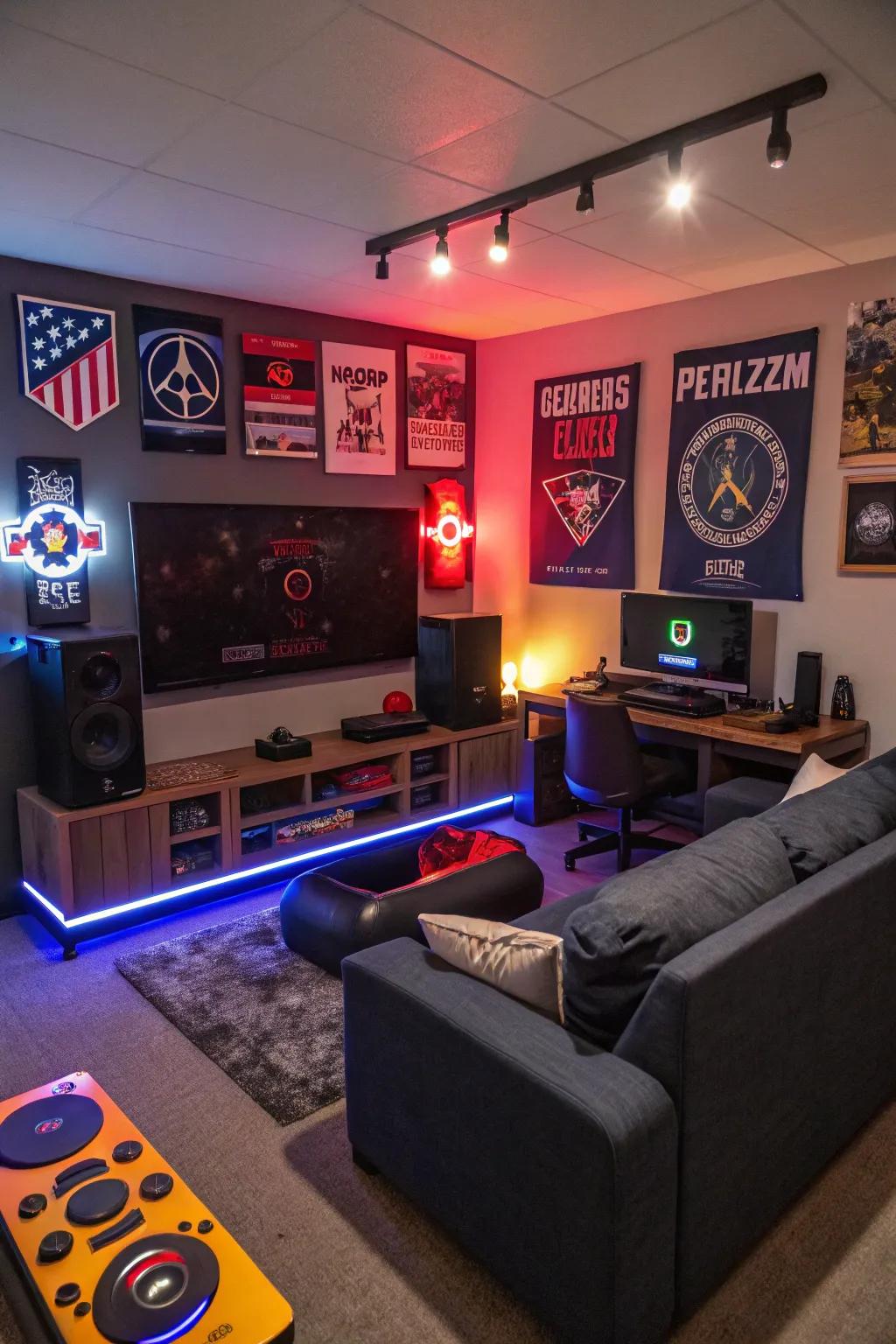 Brand homages personalize this gaming space with flair.