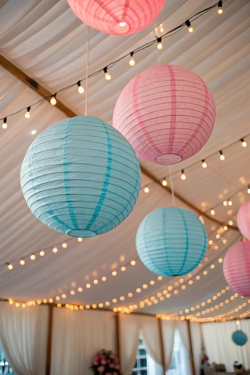 Paper lanterns add whimsy and charm to the party decor.