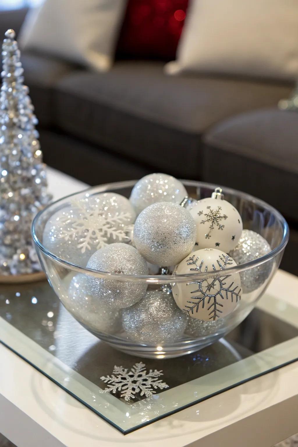 Radiant snowflakes contribute a frosty gleam inside a clear bowl.