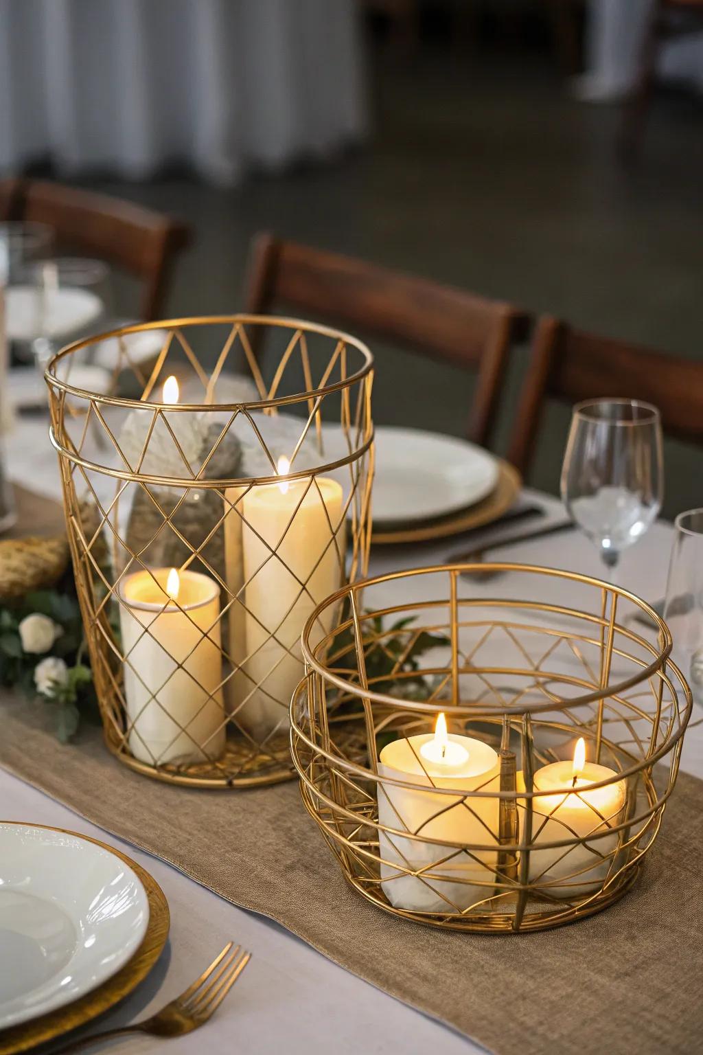 Industrial chic showcasing gilded wire containers and lights.