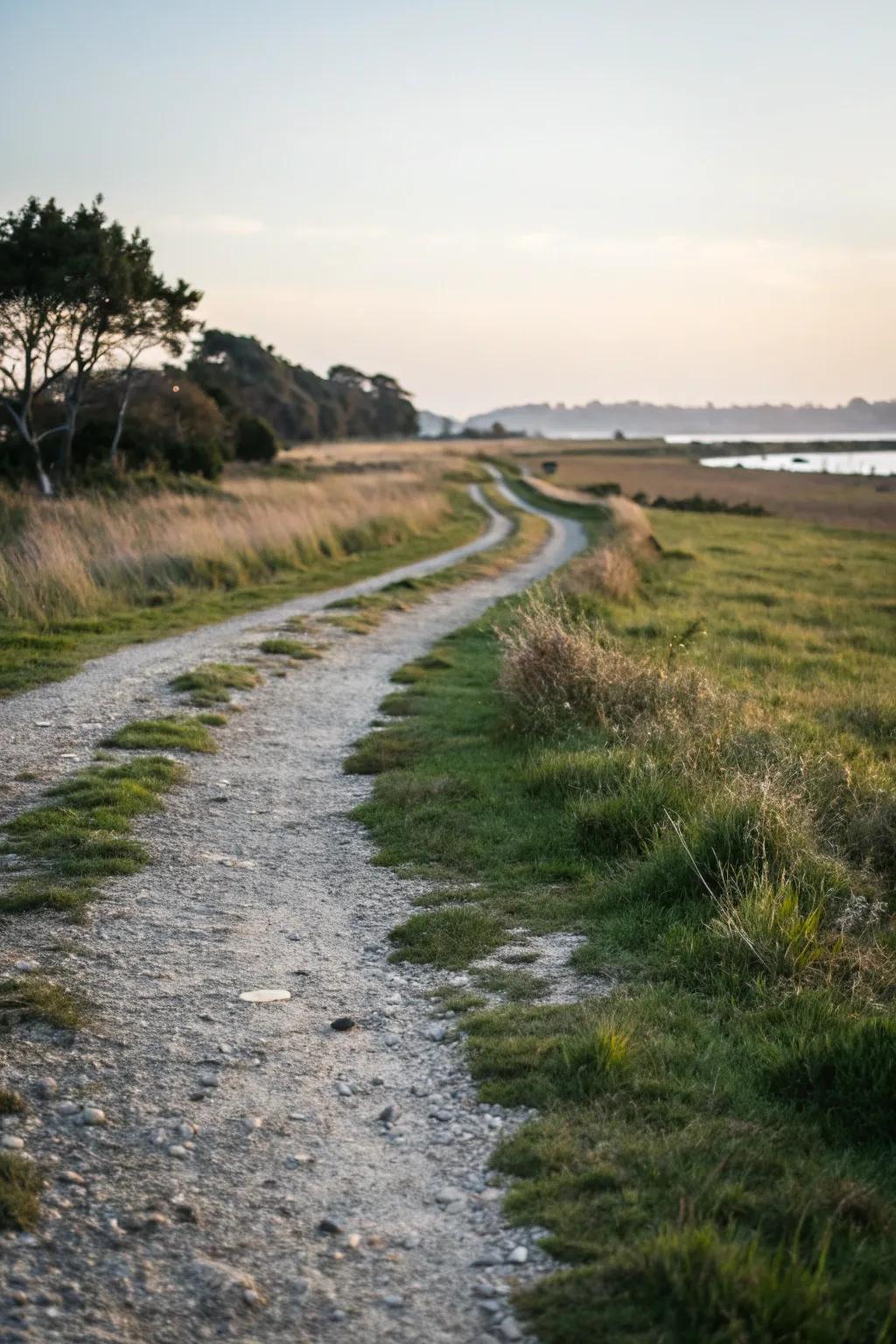 Interplaying gravel and grass softens the path's look.