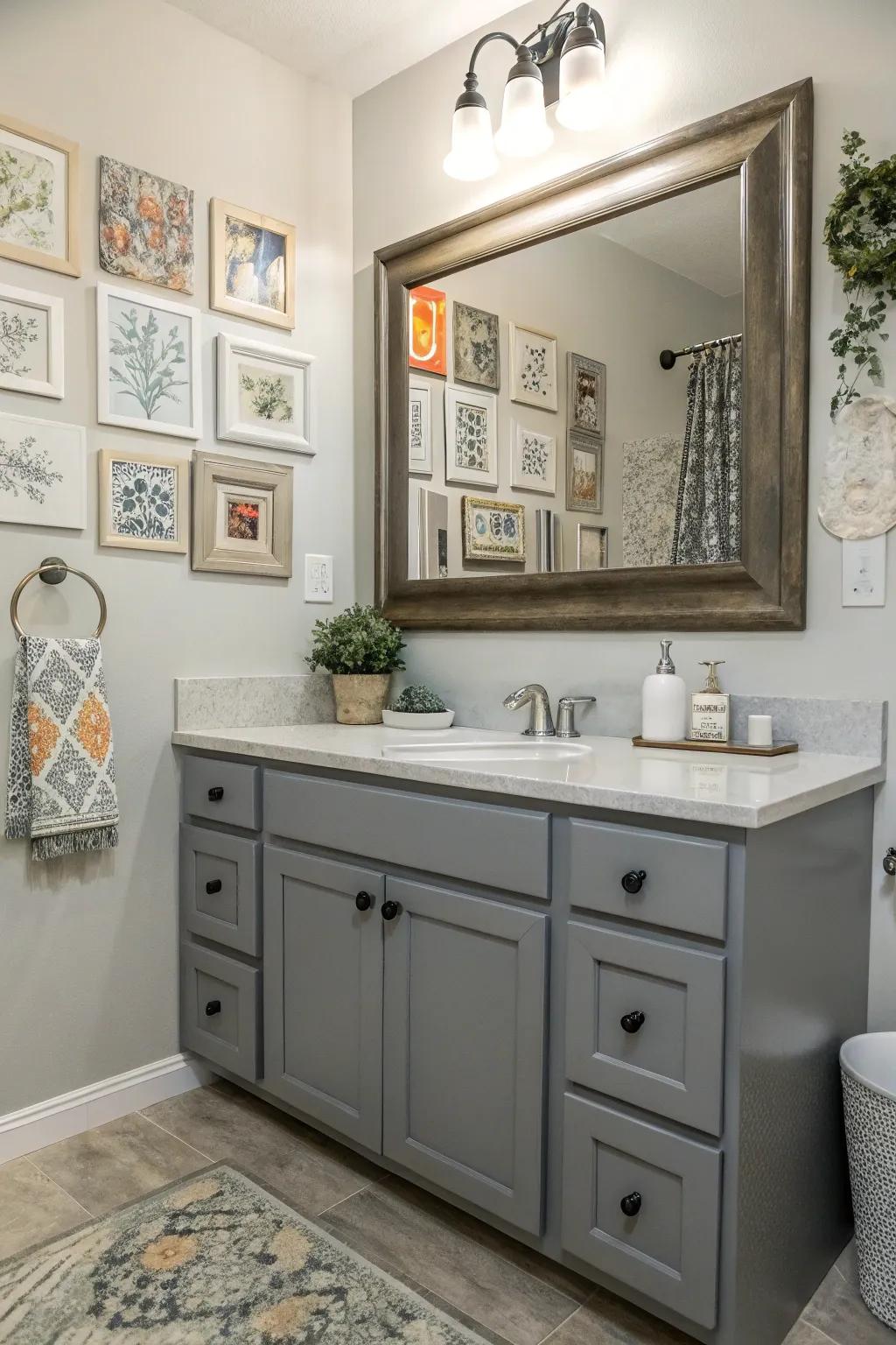 An artistic bathroom with a gray vanity and curated wall art.