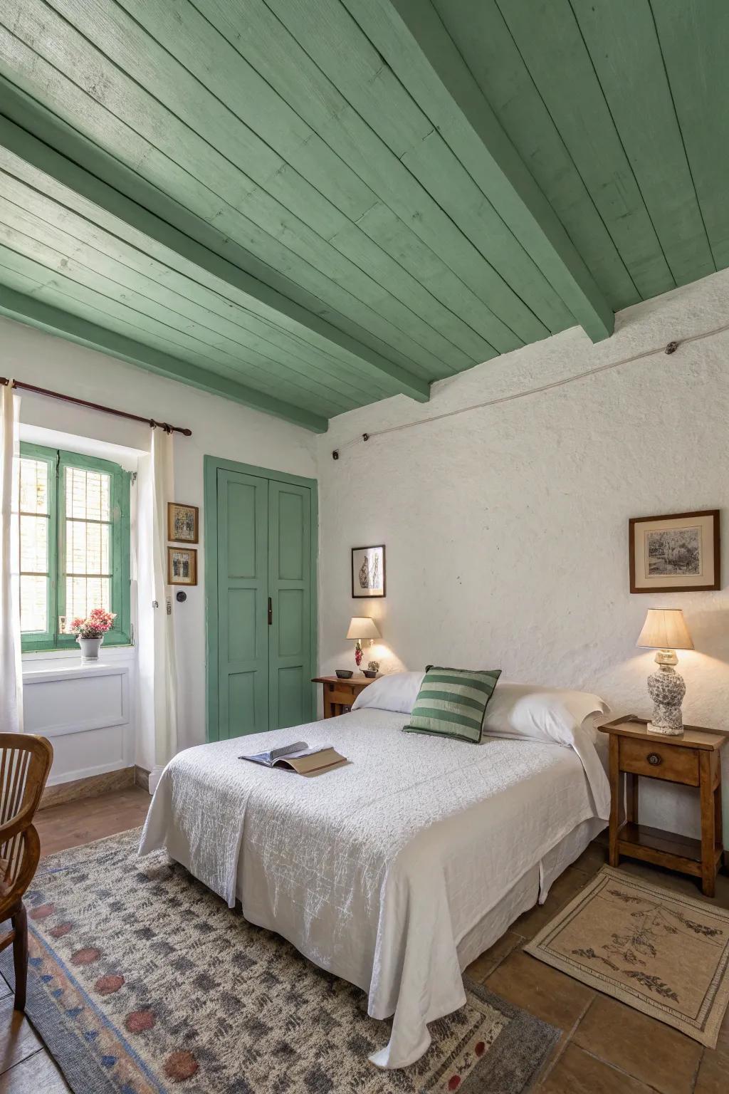 A green ceiling adds a unique twist to the bedroom design.