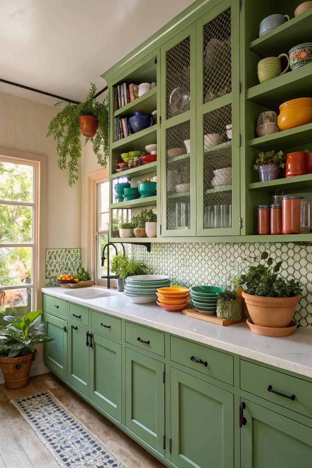 Airy kitchen with green cabinets and stylish open shelving.