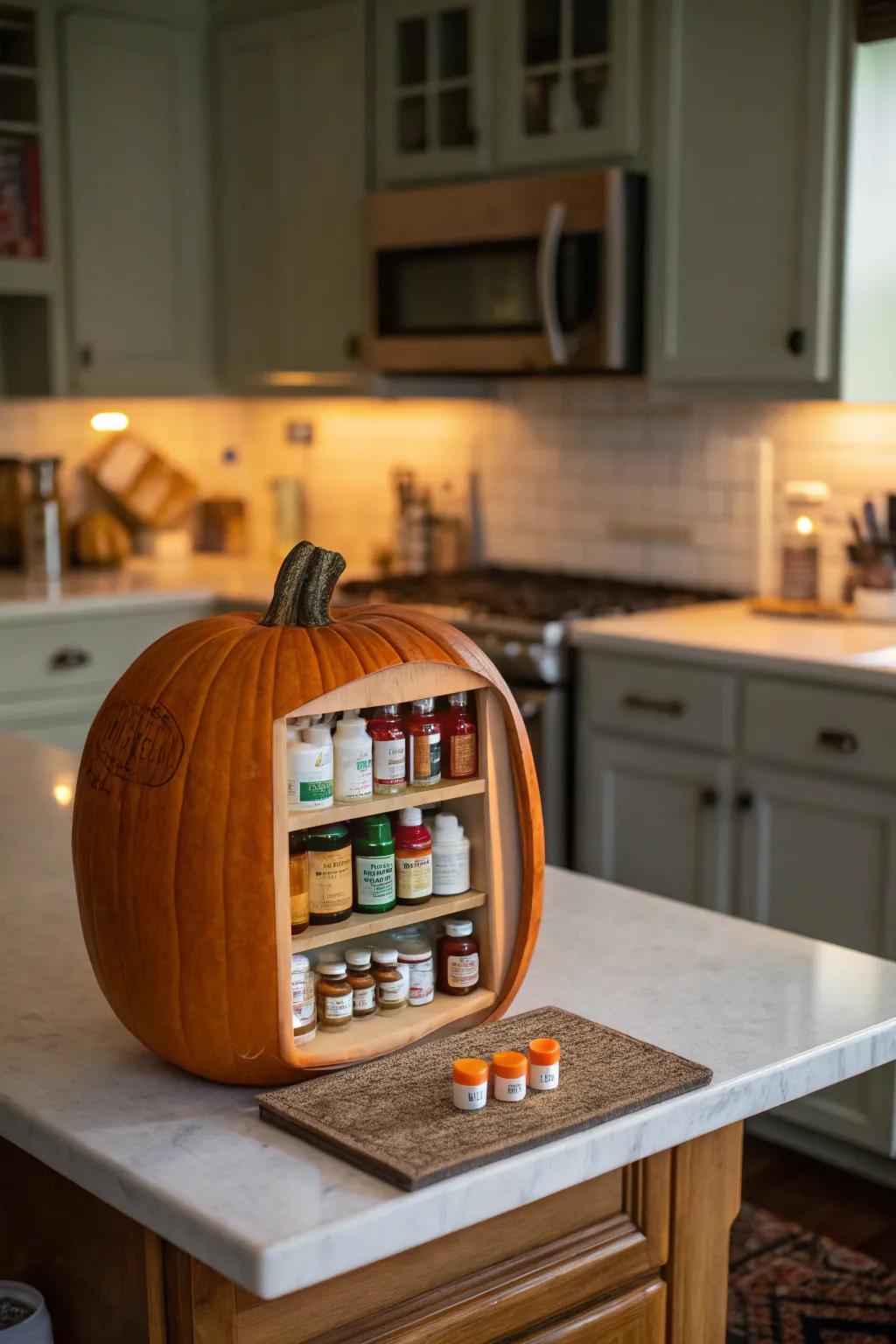 A pharmacy-themed pumpkin that cleverly combines healthcare elements with festive decor.