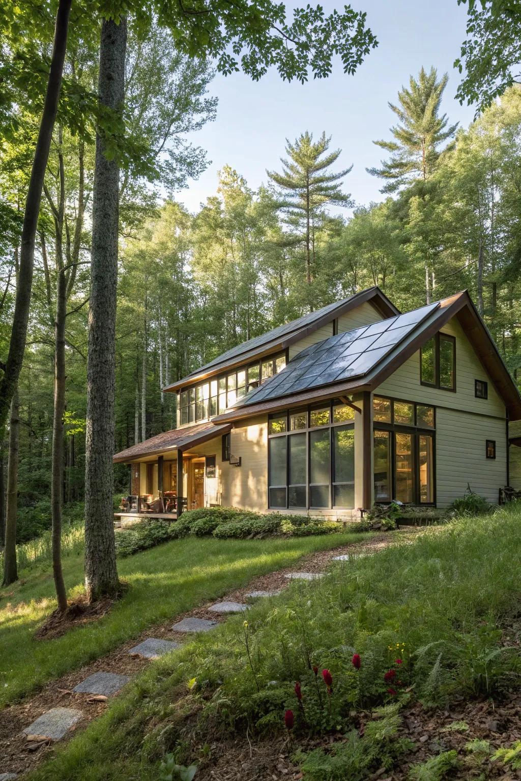 A solar-efficient home soaking up sunlight in the woods.