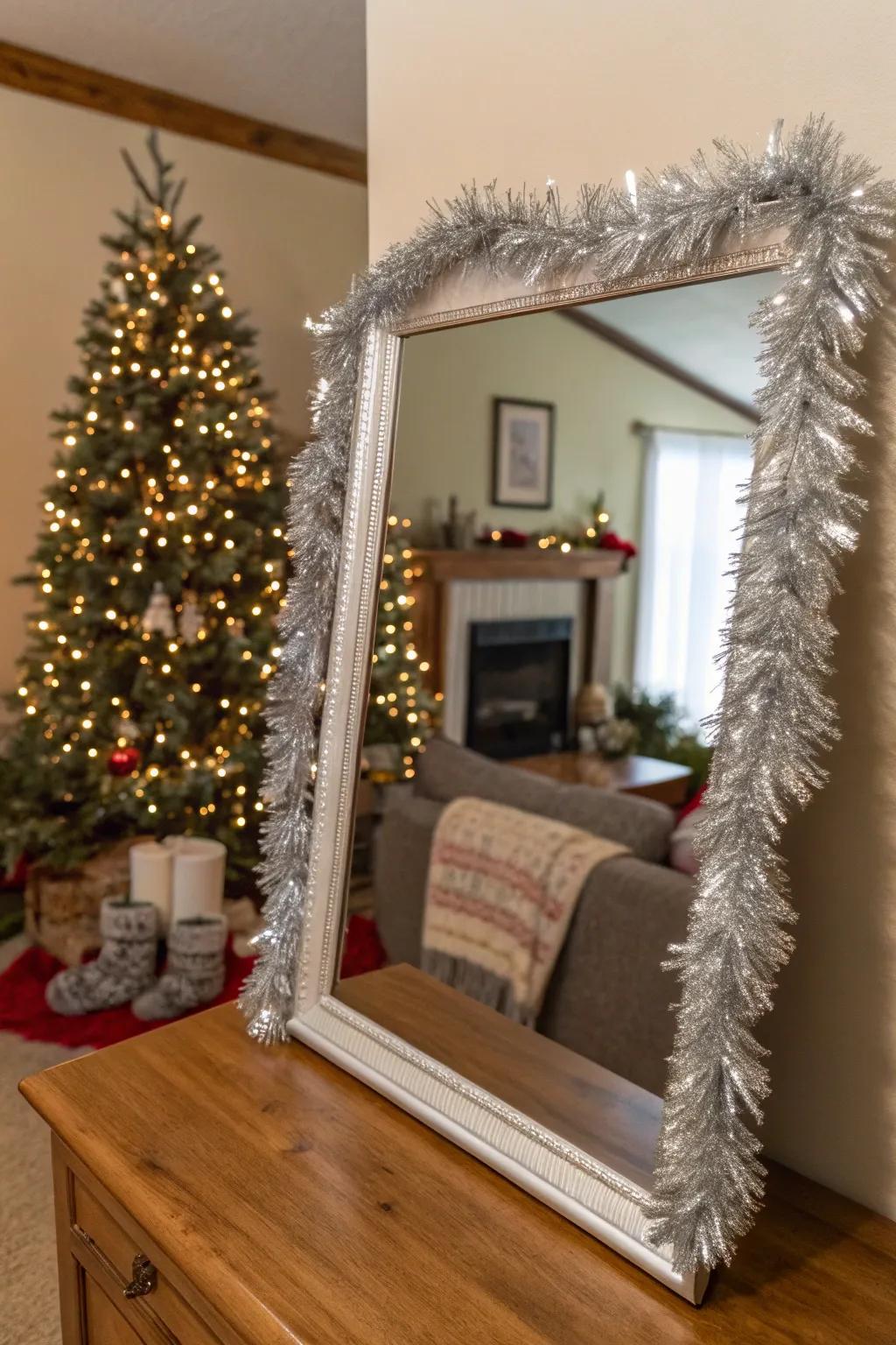 A mirror delightfully framed with glittery chain decorations.