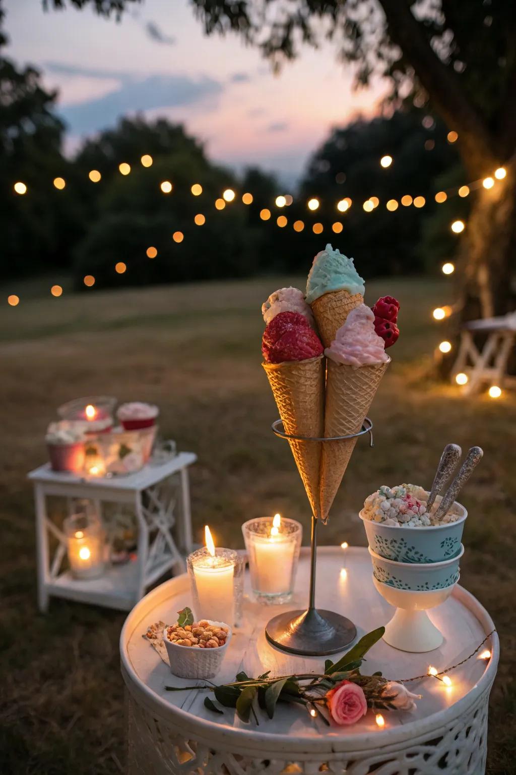 Evening lighting creates a magical ice cream experience.