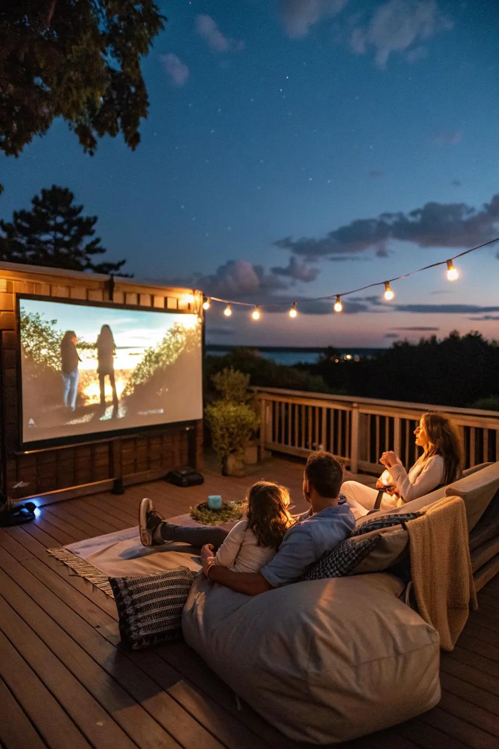 A deck with an outdoor projector and screen where a family is watching a movie under the night sky.