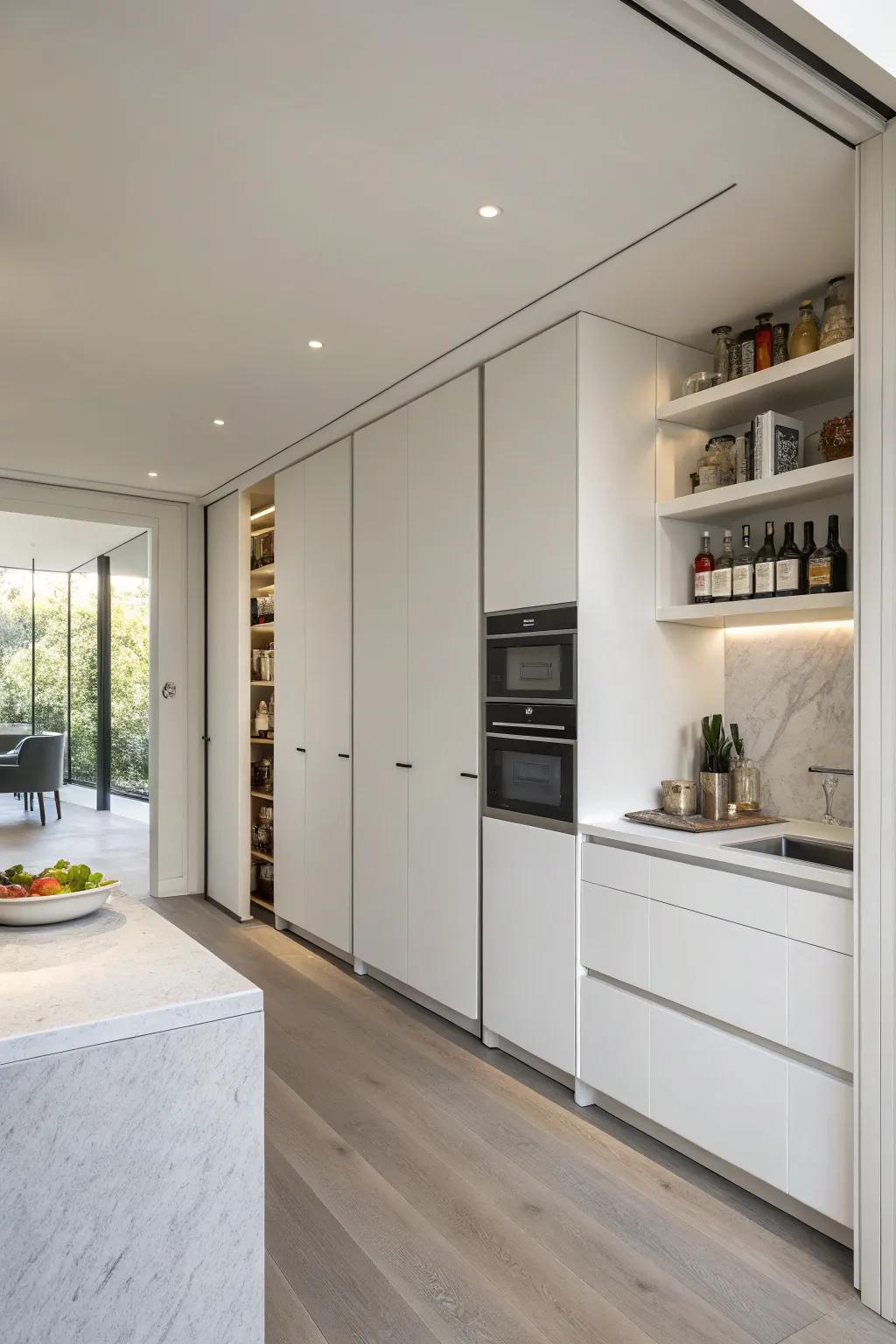 A hidden pantry keeps clutter out of sight.