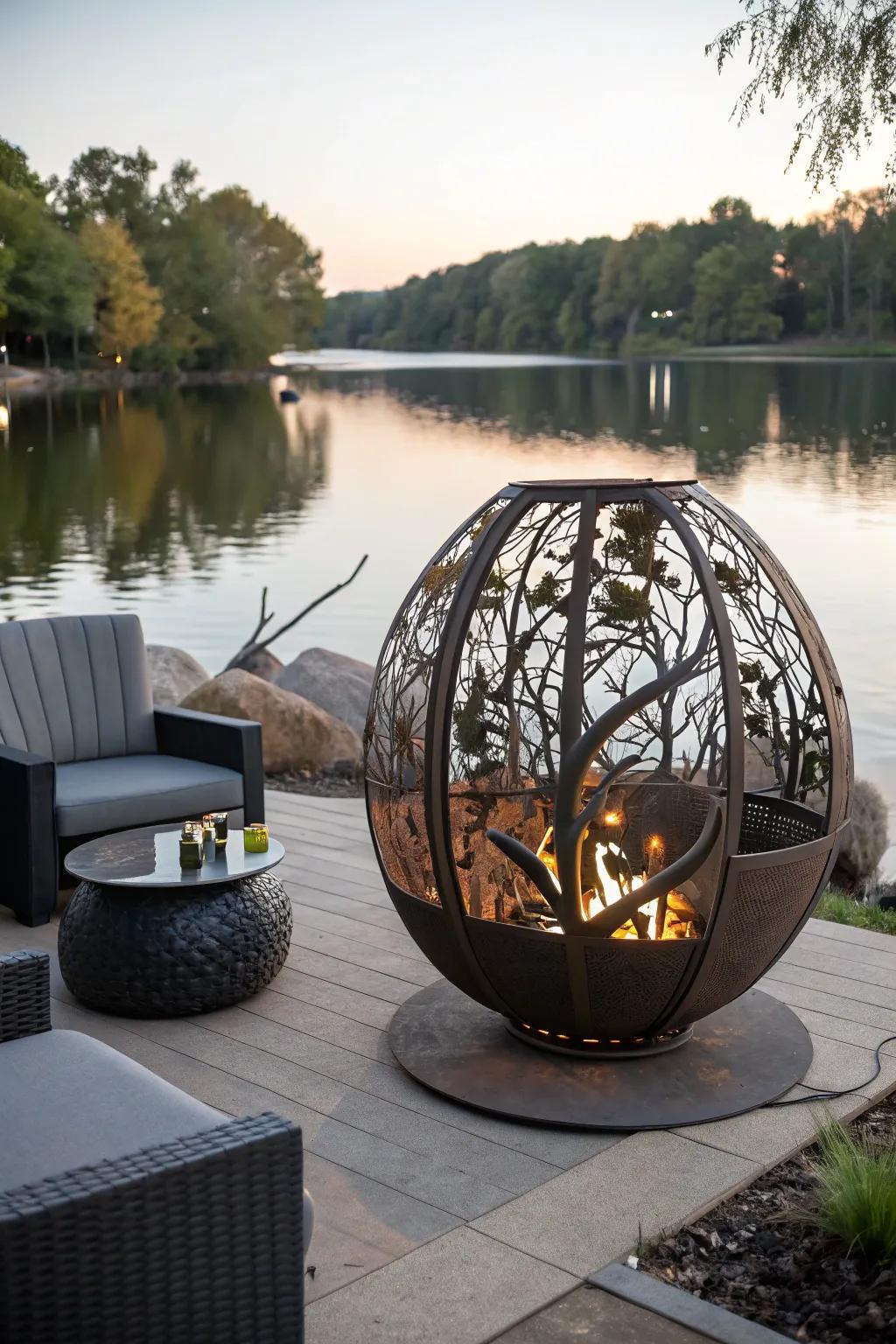 An artistic fire pit sculpture adds a creative and eye-catching element to your lakeside retreat.