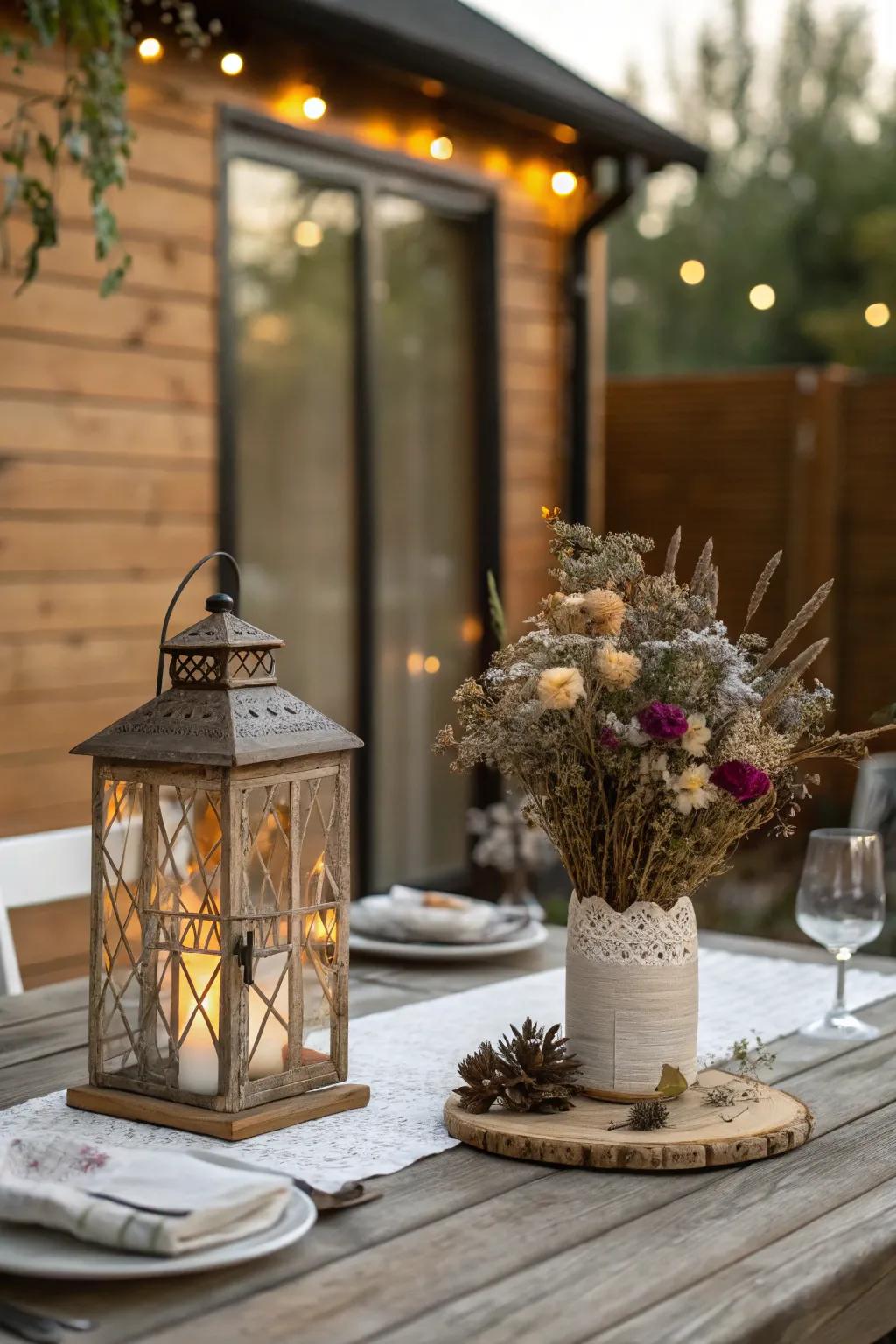 A rustic lantern filled with dried flowers.