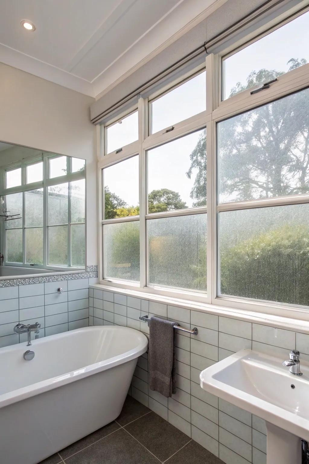 Frosted glass windows providing privacy and style in a bathroom setting.