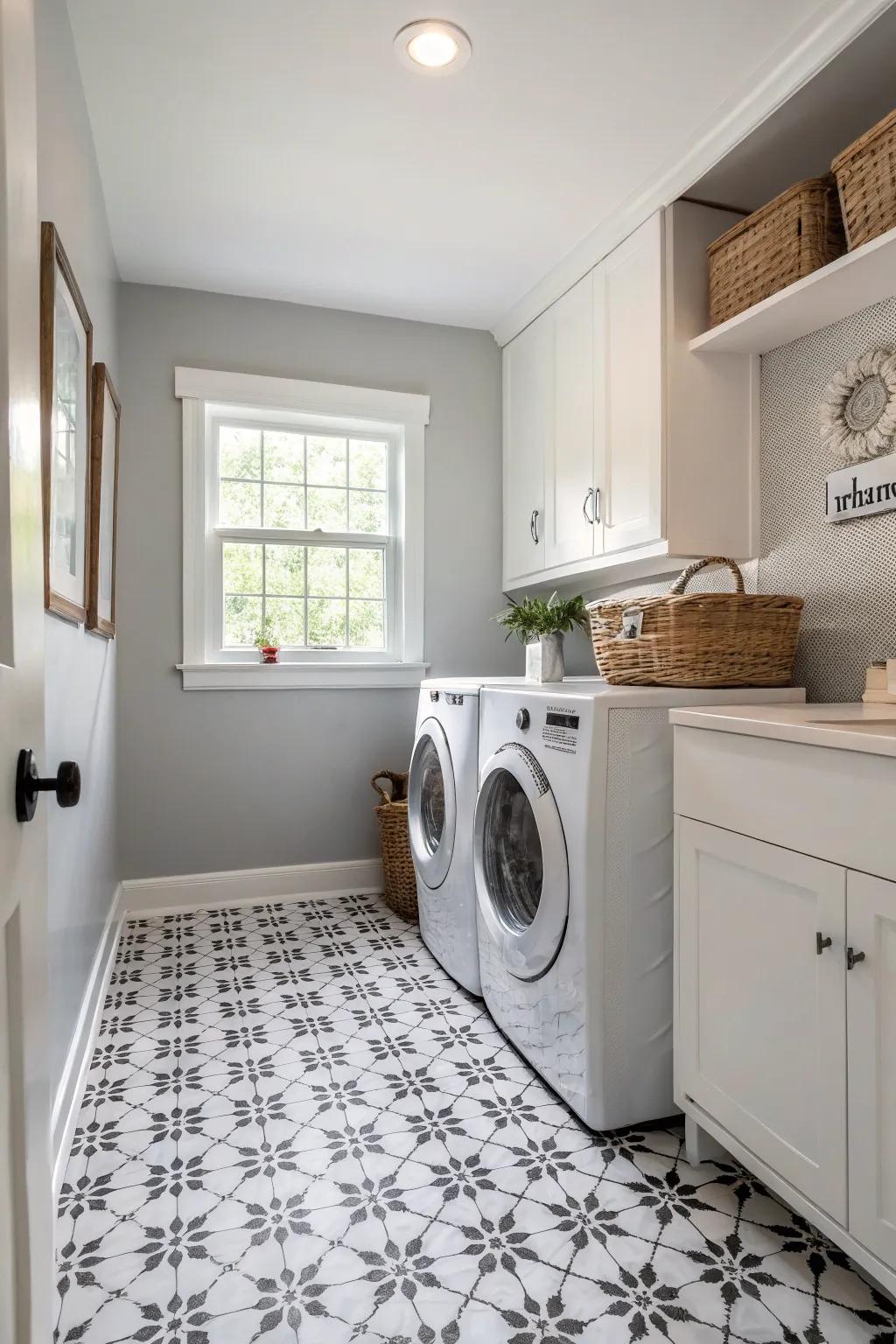 Monochrome tiles create a sleek and modern laundry space.