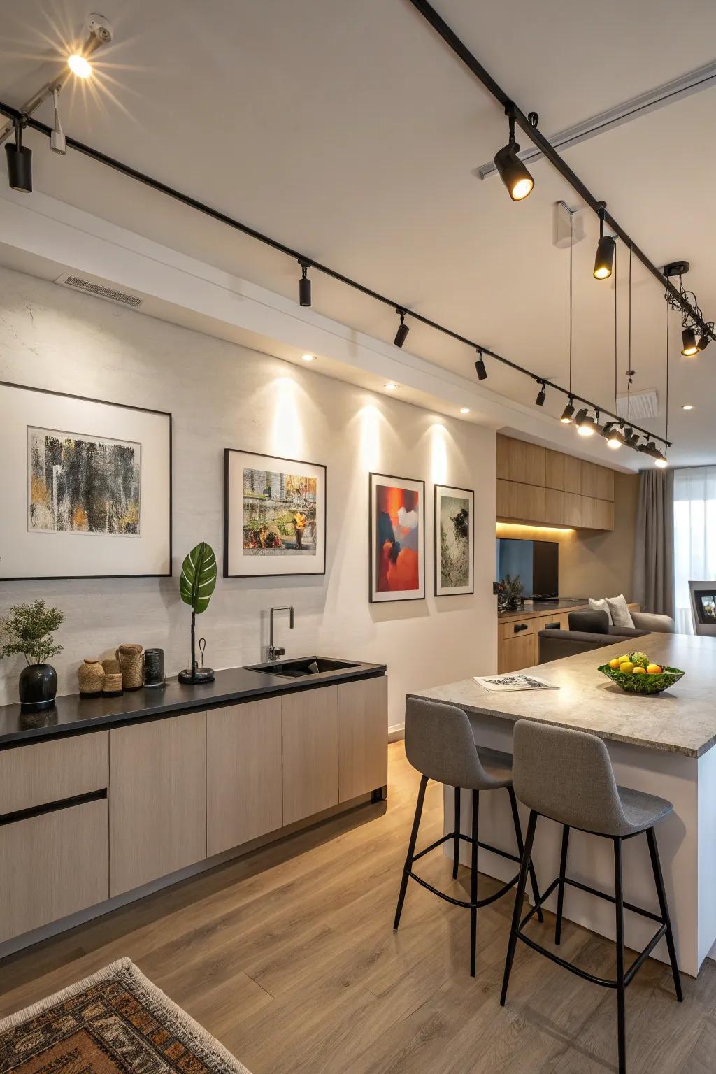 Rail lighting provides versatility, aiming light precisely where needed.