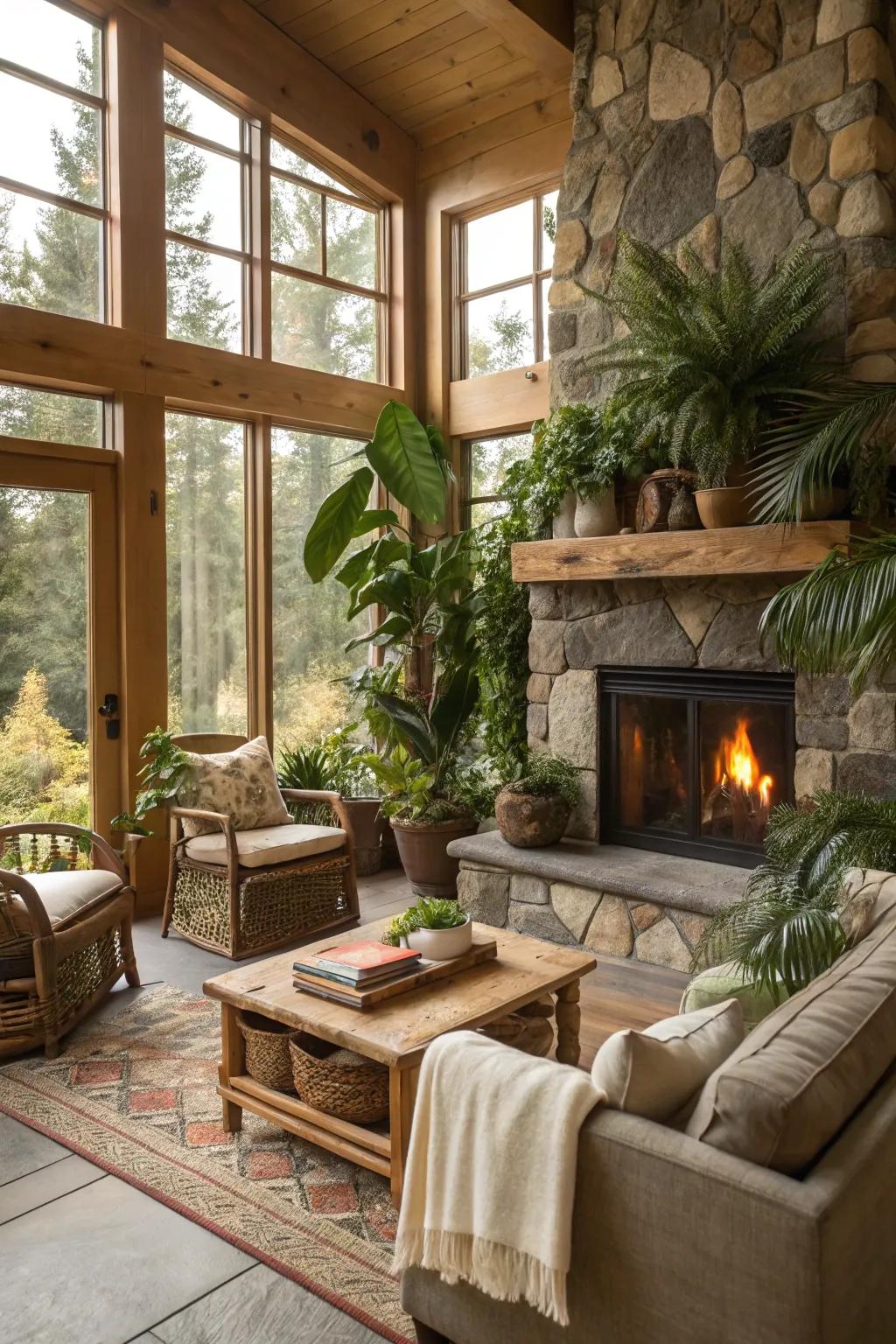 A nature-inspired living room with a calming fireplace setting.