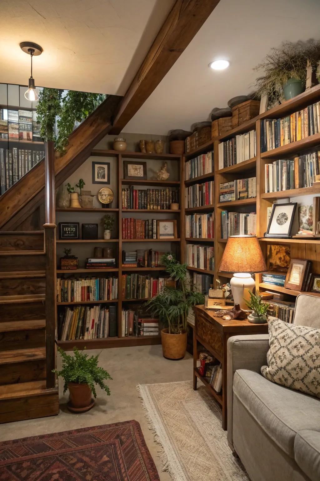 Tall bookshelves add height and storage to a basement.