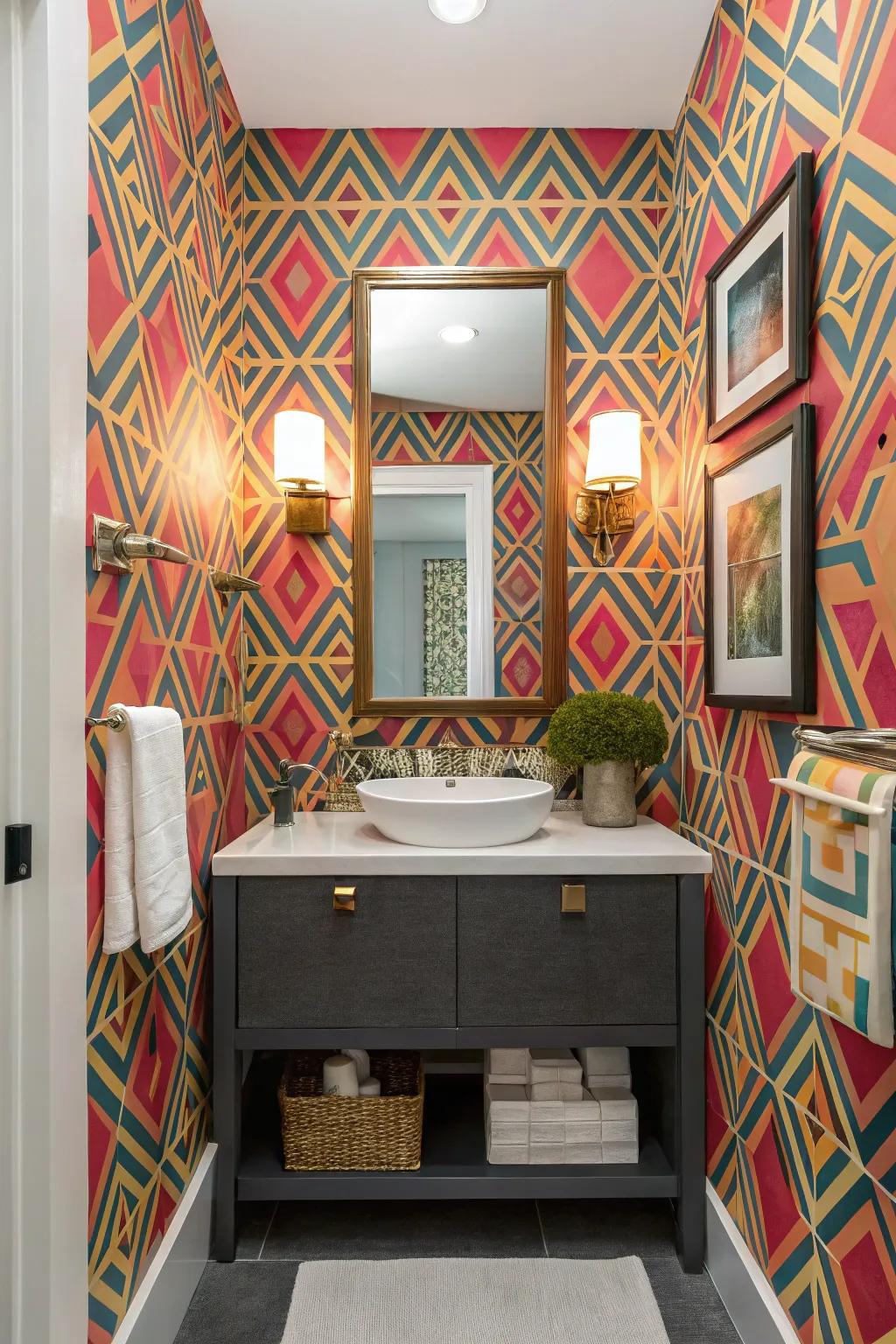 Bold wallpaper creates a powerful design statement in this powder room.