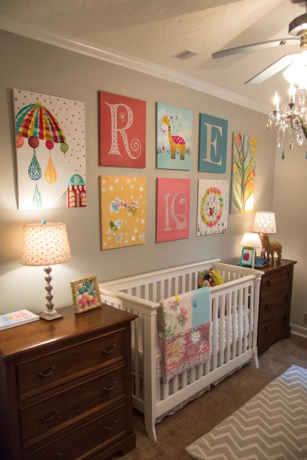 A baby room with personal art, using a name sign and painted pictures.