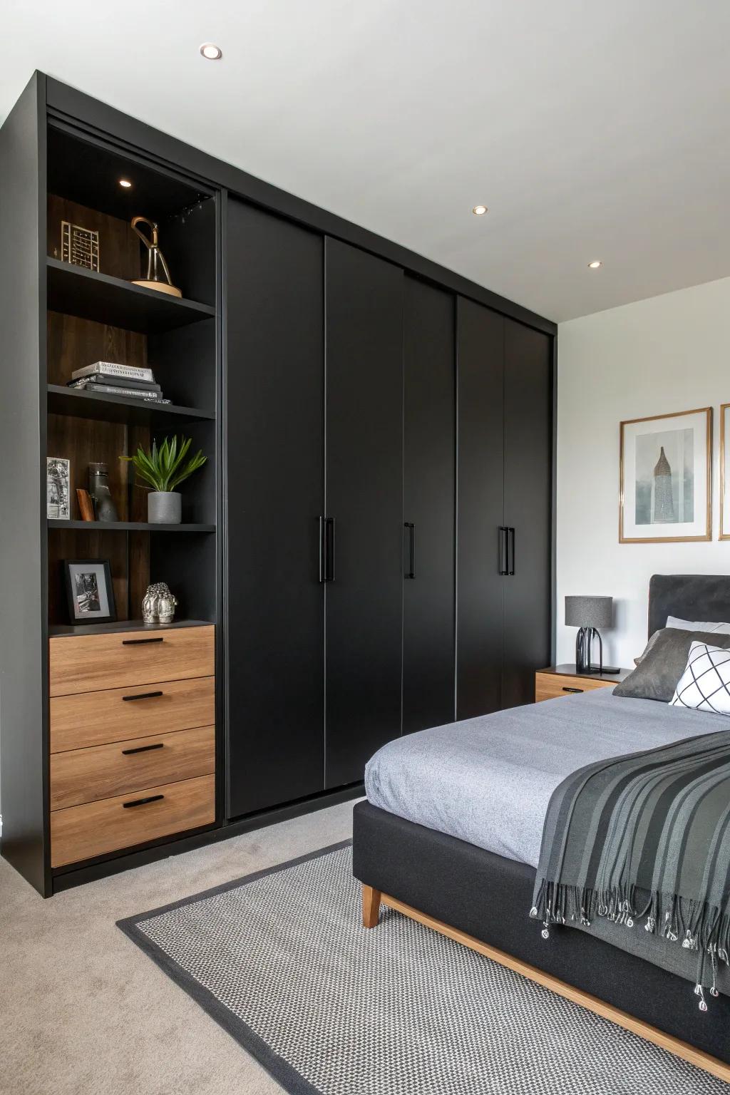 Hidden storage maintains a sleek, uncluttered look in this elegant black bedroom.